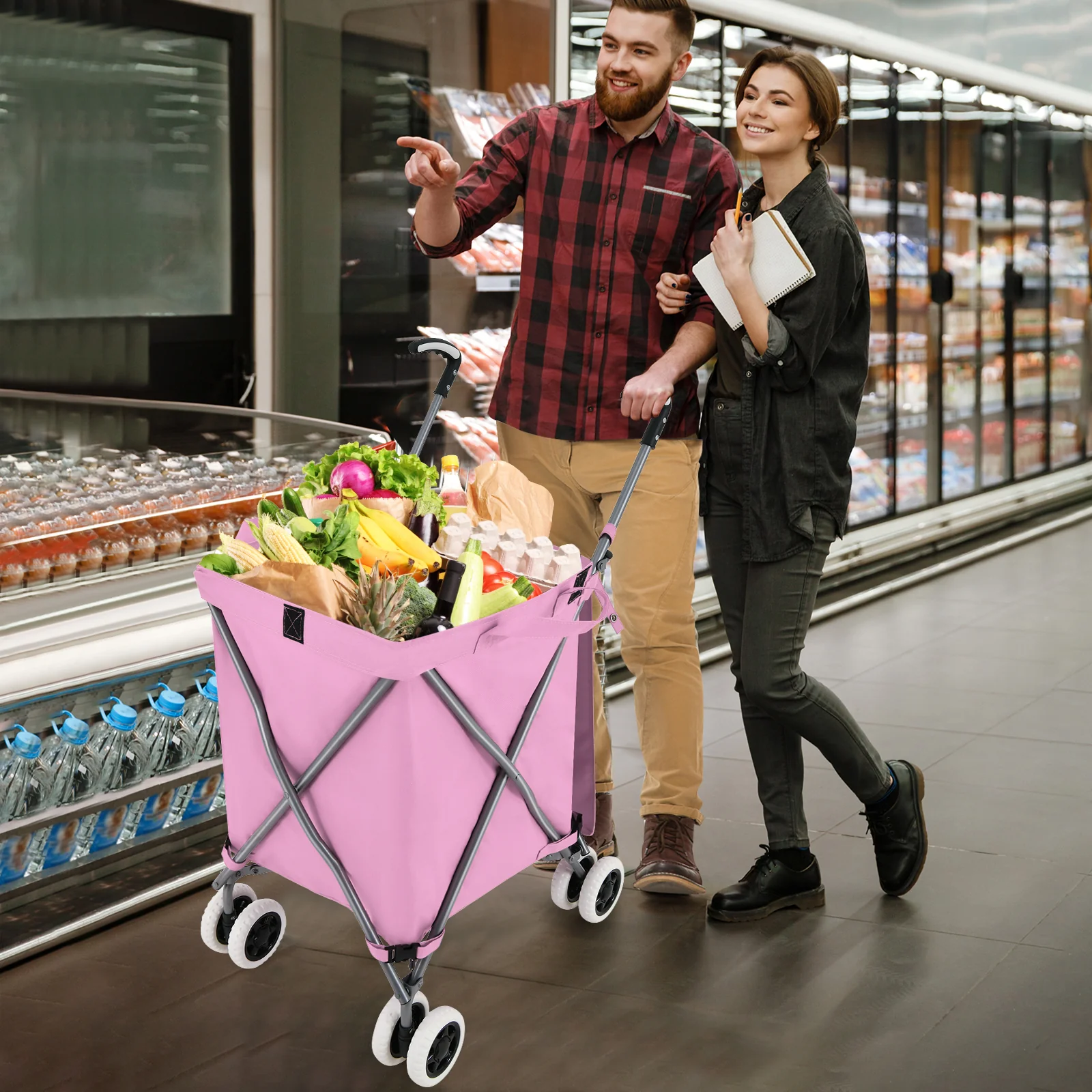 Folding Shopping Cart, Water-Resistant Canvas Bag, Pink - Image 10