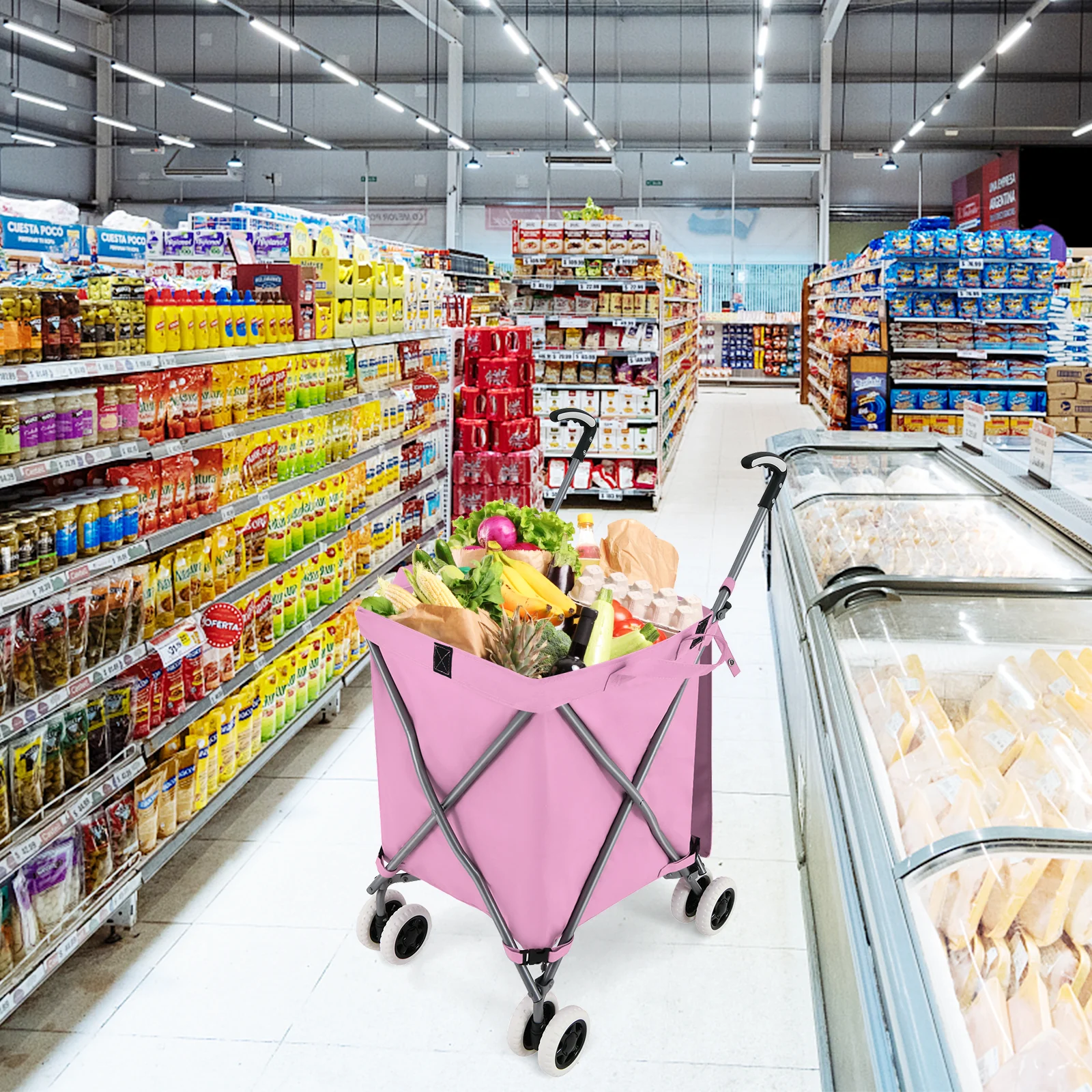 Folding Shopping Cart, Water-Resistant Canvas Bag, Pink - Image 2