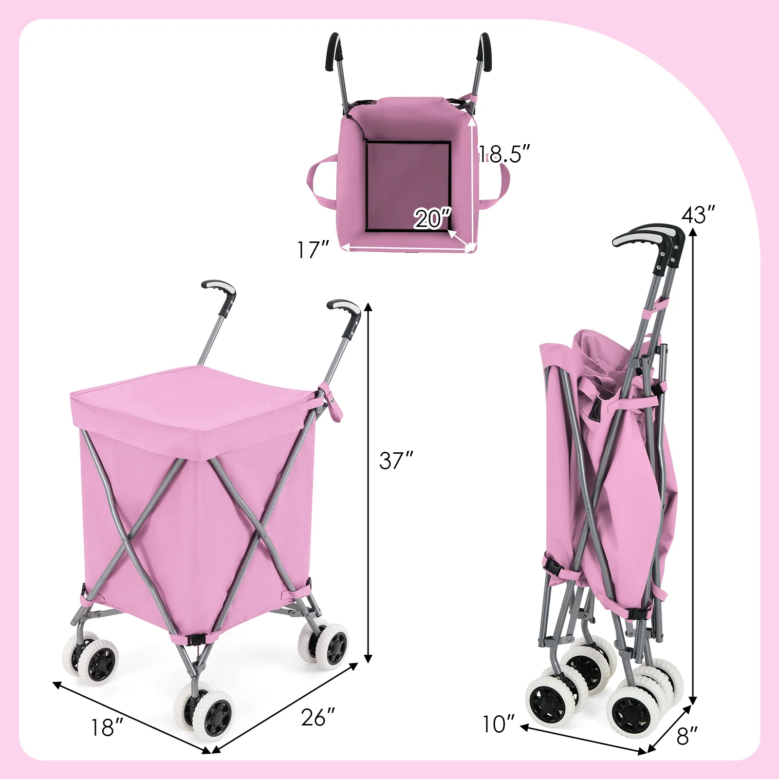 Folding Shopping Cart, Water-Resistant Canvas Bag, Pink - Image 5