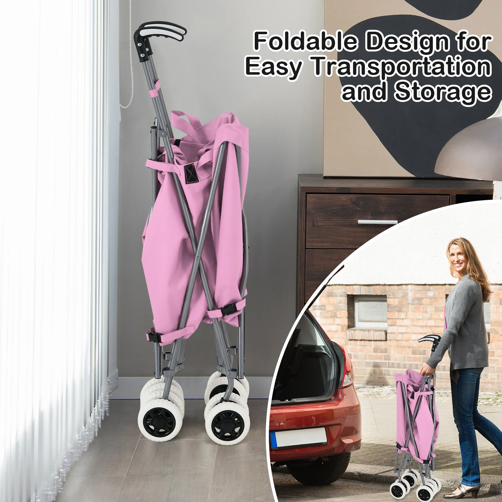 Folding Shopping Cart, Water-Resistant Canvas Bag, Pink - Image 6