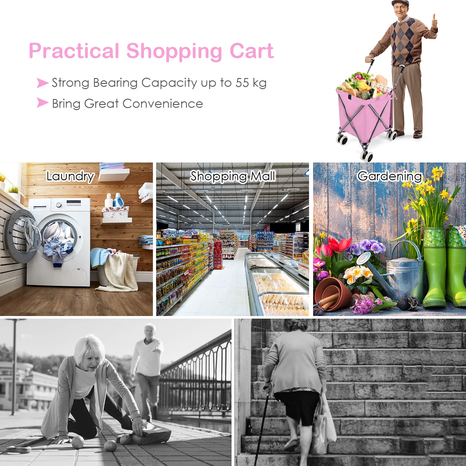Folding Shopping Cart, Water-Resistant Canvas Bag, Pink - Image 8