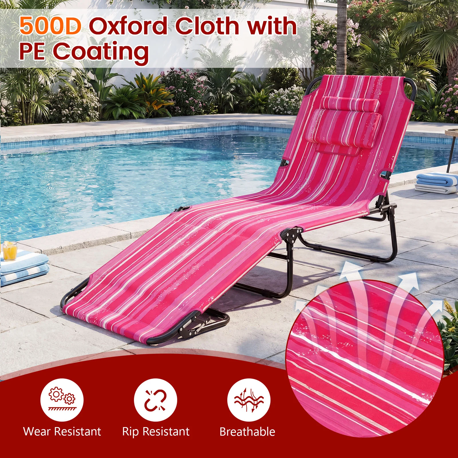 Folding Tanning Chair Set, Face Down With Hole, 3 Removable Pillows, Stripe, Pink - Image 5