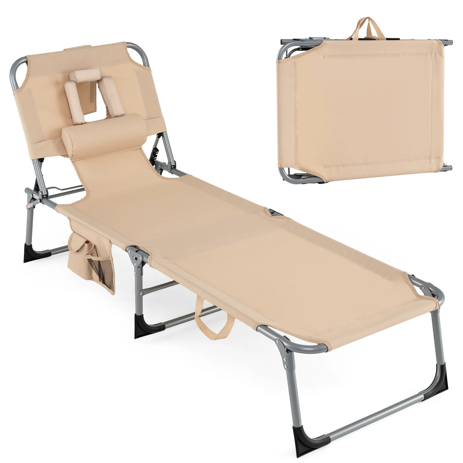 Folding Tanning Chair With Face Arm Holes, Beige