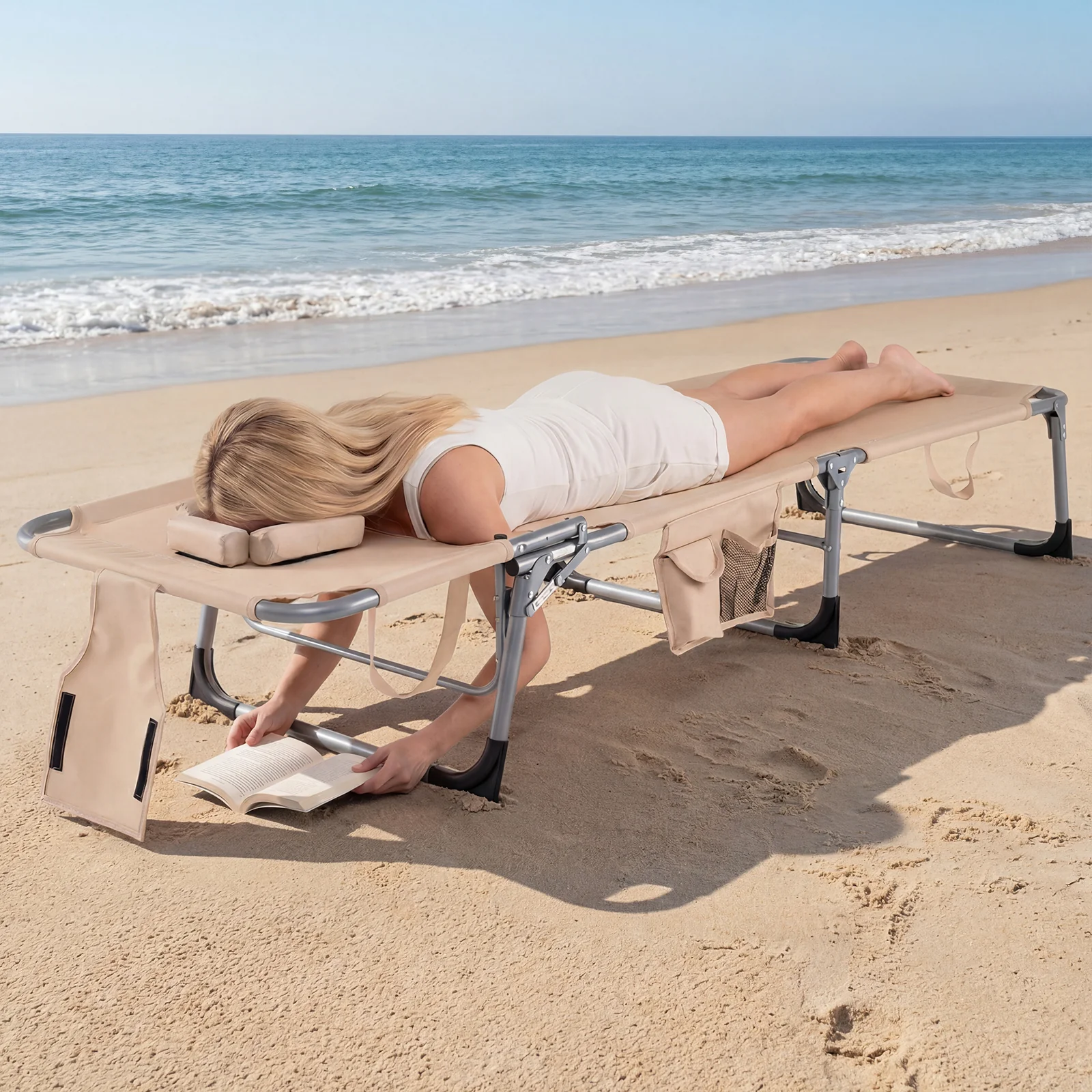 Folding Tanning Chair With Face Arm Holes, Beige - Image 2