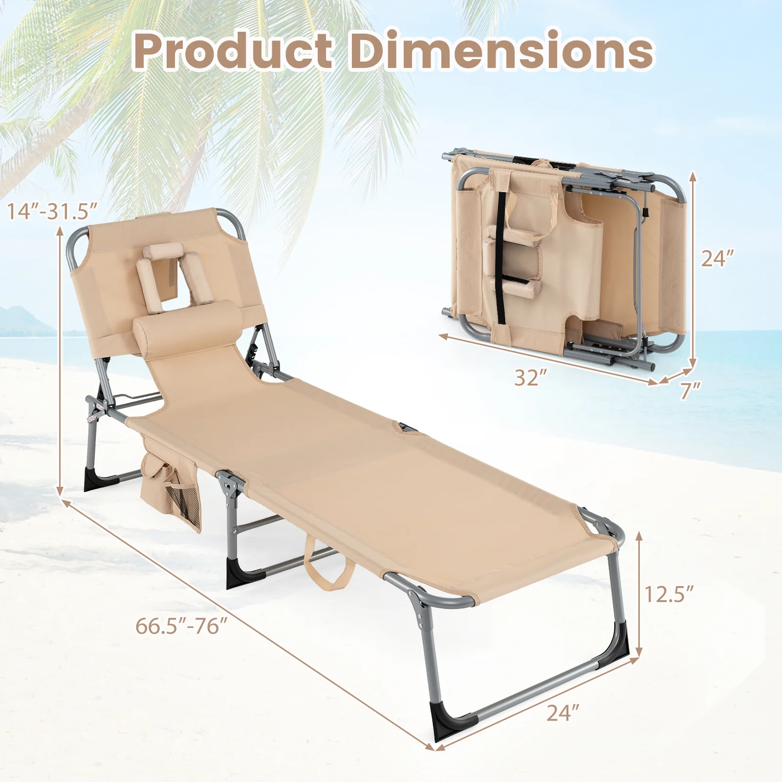 Folding Tanning Chair With Face Arm Holes, Beige - Image 4