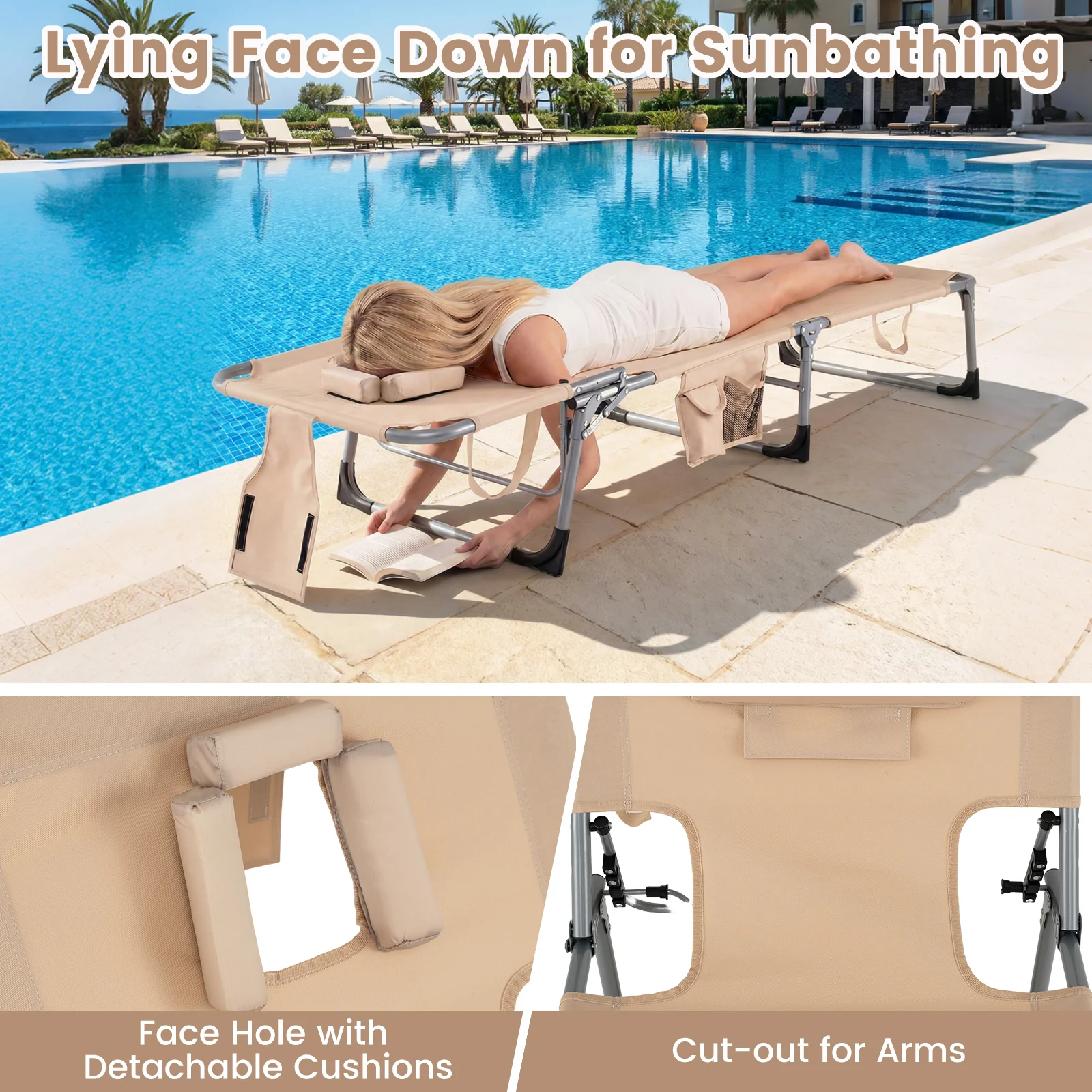 Folding Tanning Chair With Face Arm Holes, Beige - Image 7