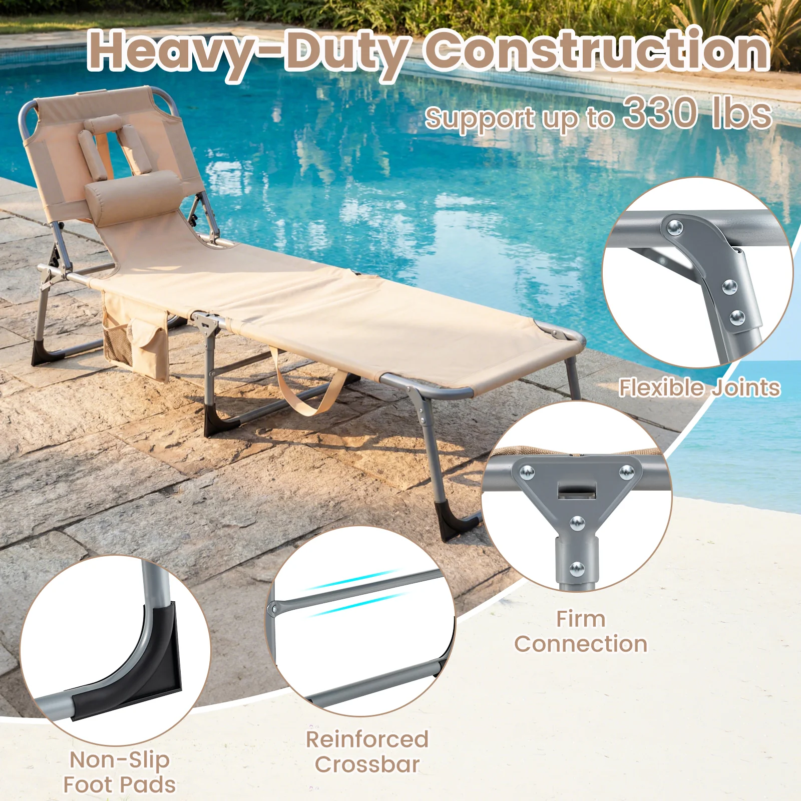 Folding Tanning Chair With Face Arm Holes, Beige - Image 8