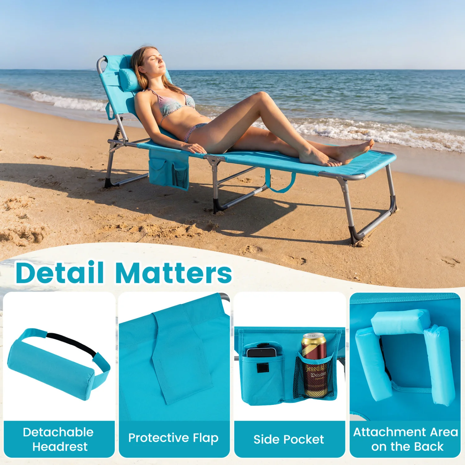 Folding Tanning Chair With Face Arm Holes, Turquoise - Image 10
