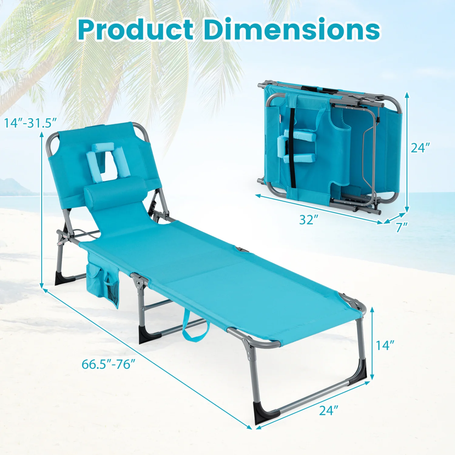 Folding Tanning Chair With Face Arm Holes, Turquoise - Image 5