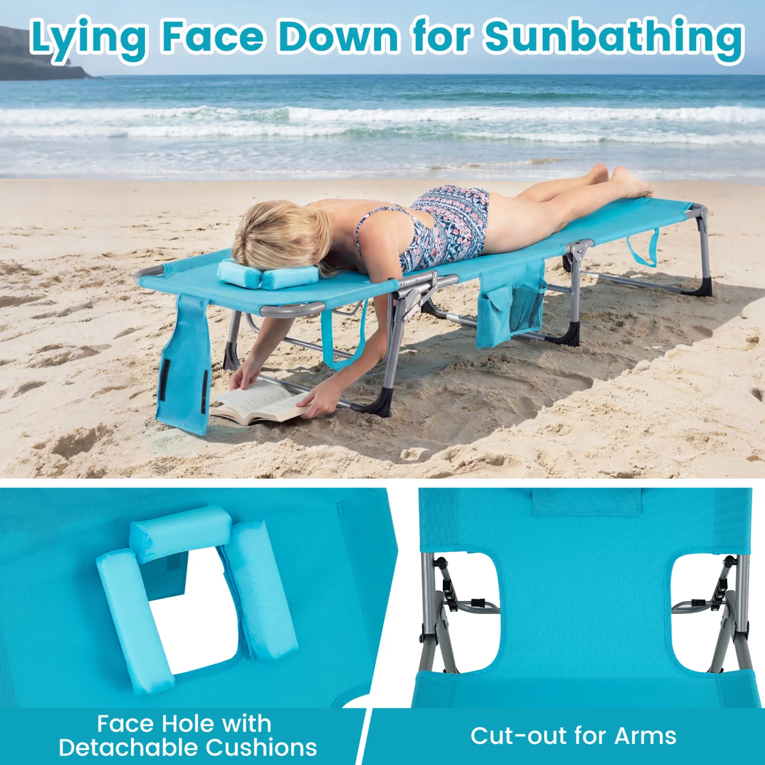 Folding Tanning Chair With Face Arm Holes, Turquoise - Image 8