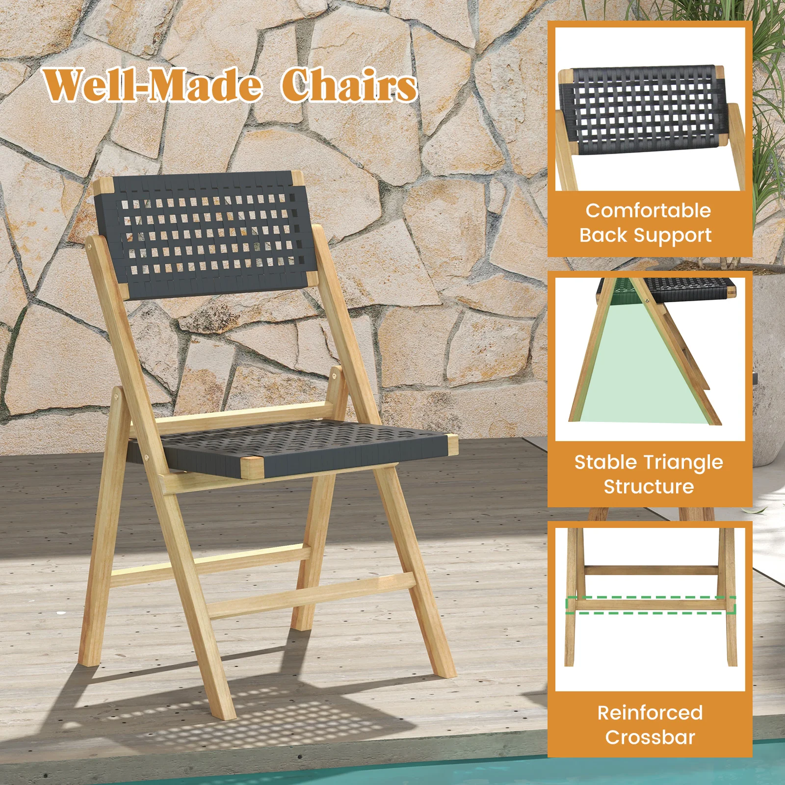 Folding Teak Wood Dining Chairs, 2 Set, Woven Rope Seat, Natural - Image 10