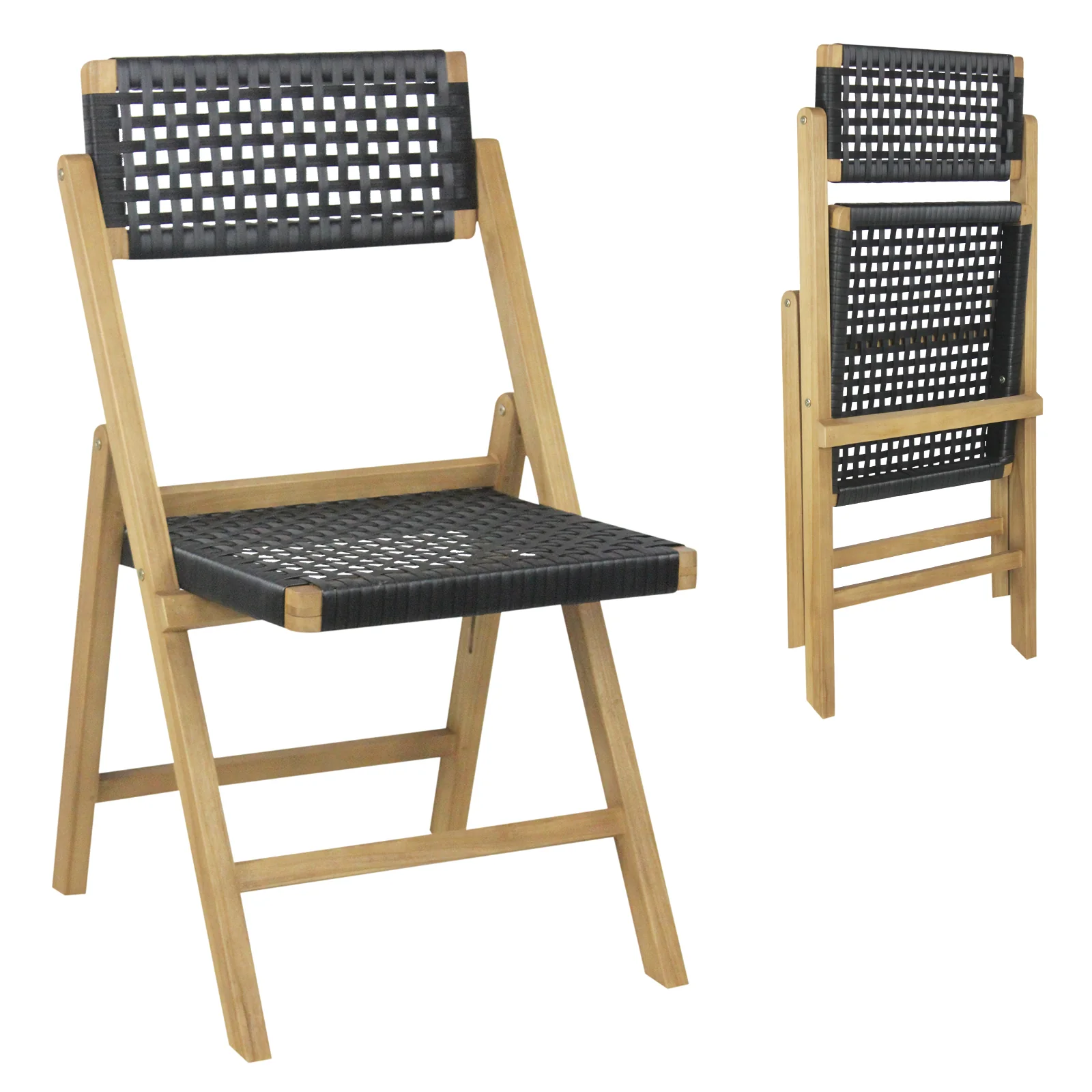 Folding Teak Wood Dining Chairs, 2 Set, Woven Rope Seat, Natural - Image 5