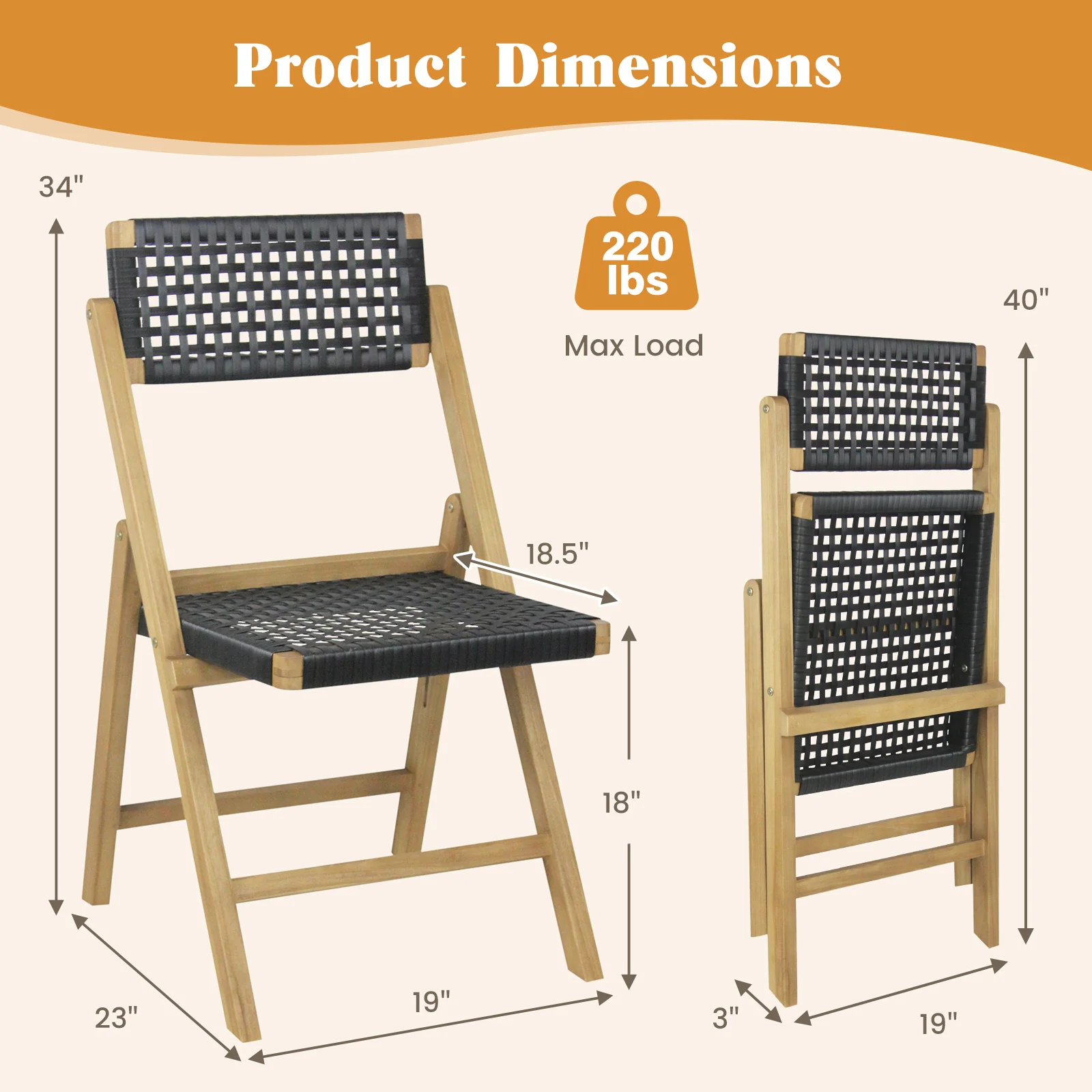 Folding Teak Wood Dining Chairs, 2 Set, Woven Rope Seat, Natural - Image 6