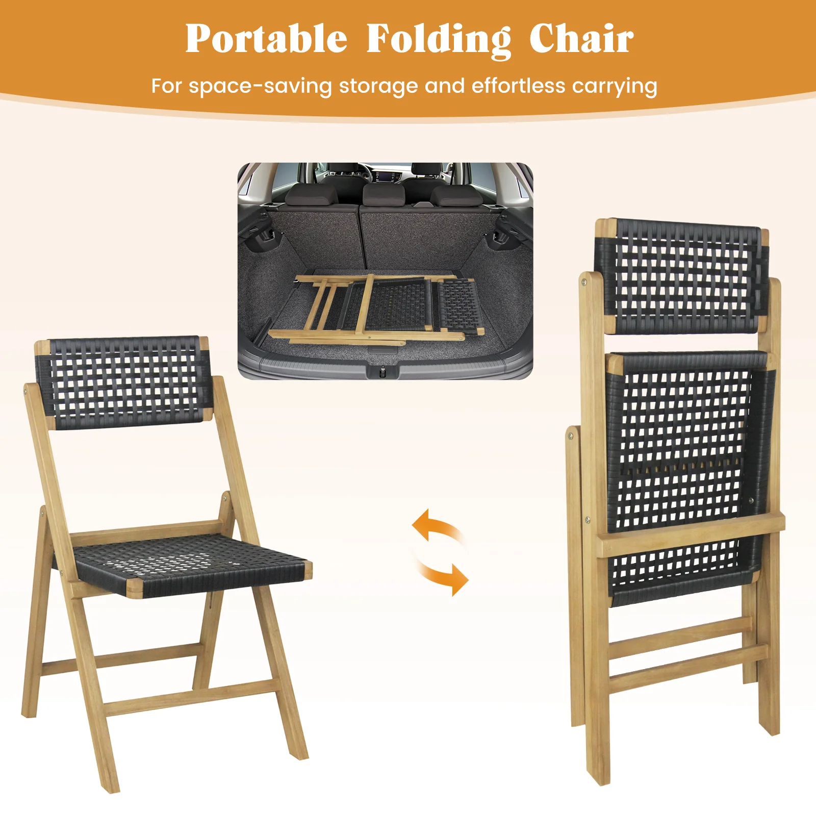 Folding Teak Wood Dining Chairs, 2 Set, Woven Rope Seat, Natural - Image 9