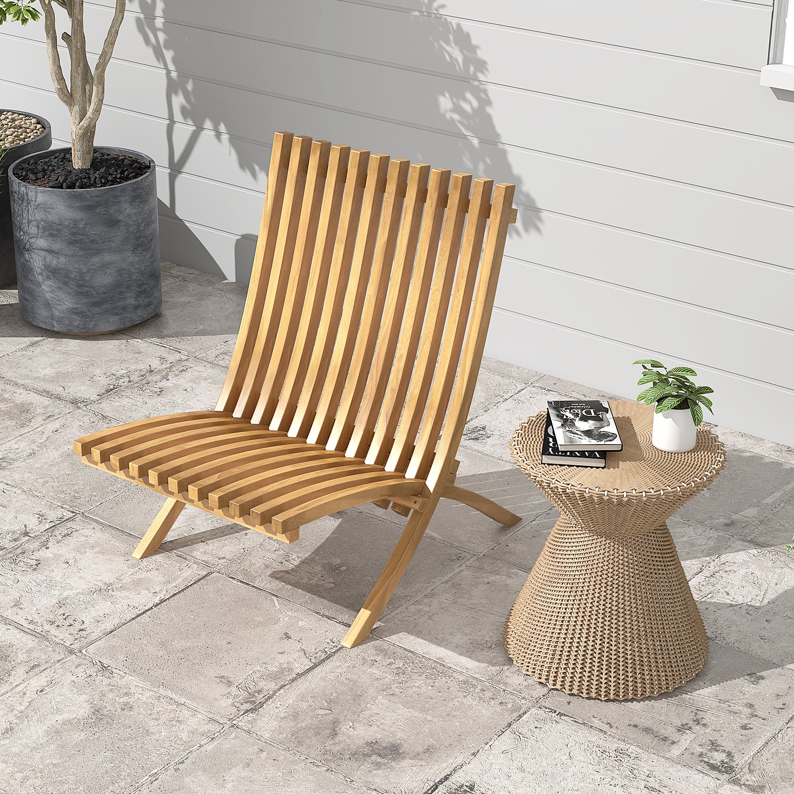 Folding Teak Wood Outdoor Lounge Chair, Slatted Seat And Backrest - Image 2