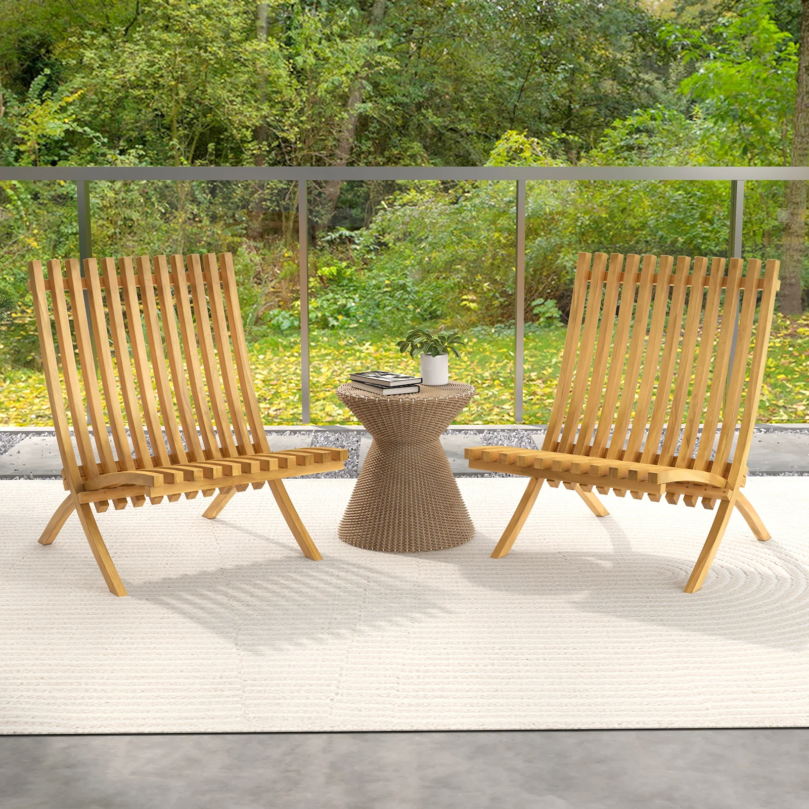 Folding Teak Wood Outdoor Lounge Chair, Slatted Seat And Backrest - Image 3