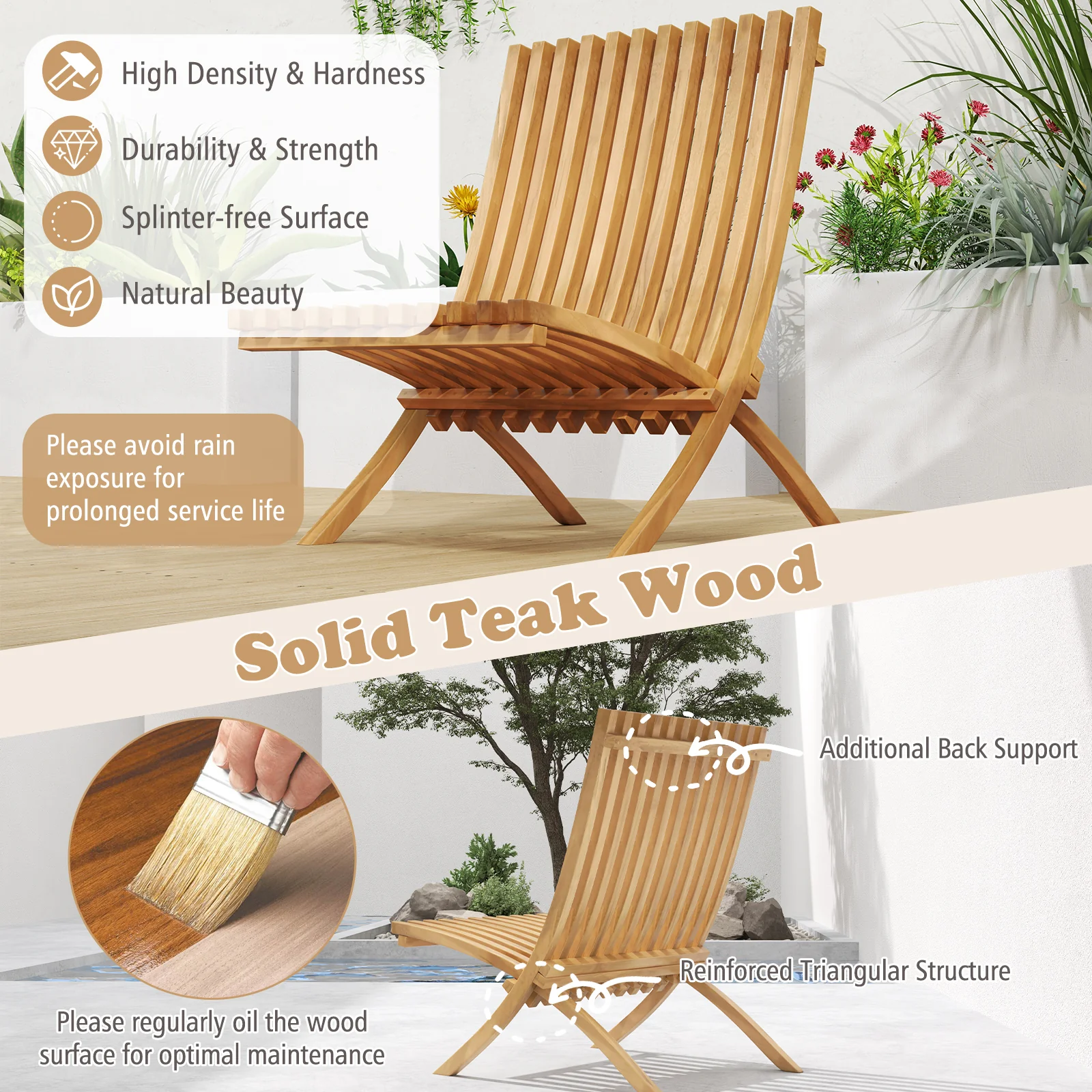 Folding Teak Wood Outdoor Lounge Chair, Slatted Seat And Backrest - Image 7