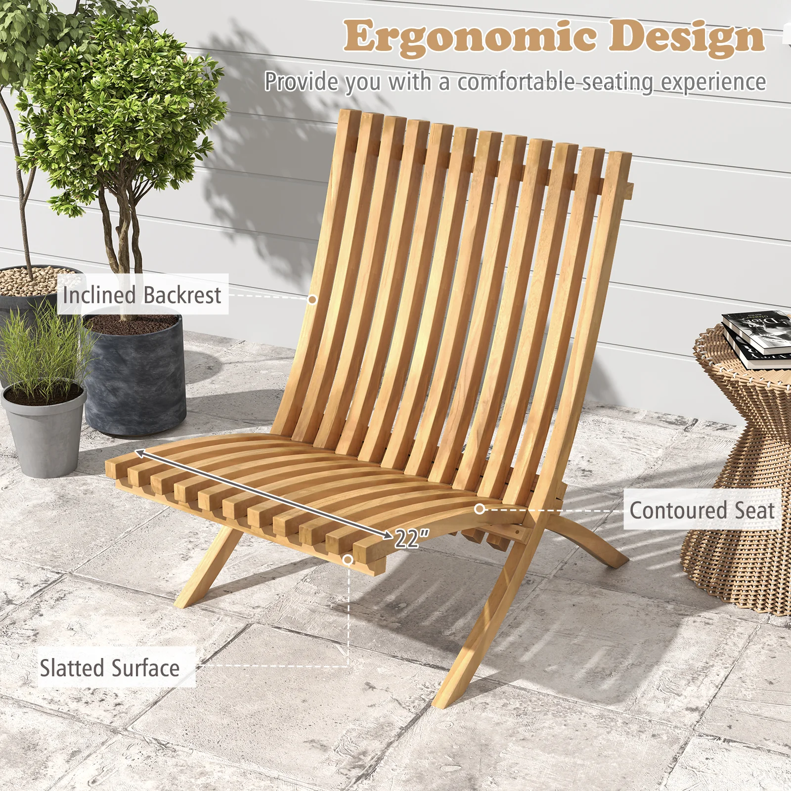 Folding Teak Wood Outdoor Lounge Chair, Slatted Seat And Backrest - Image 9