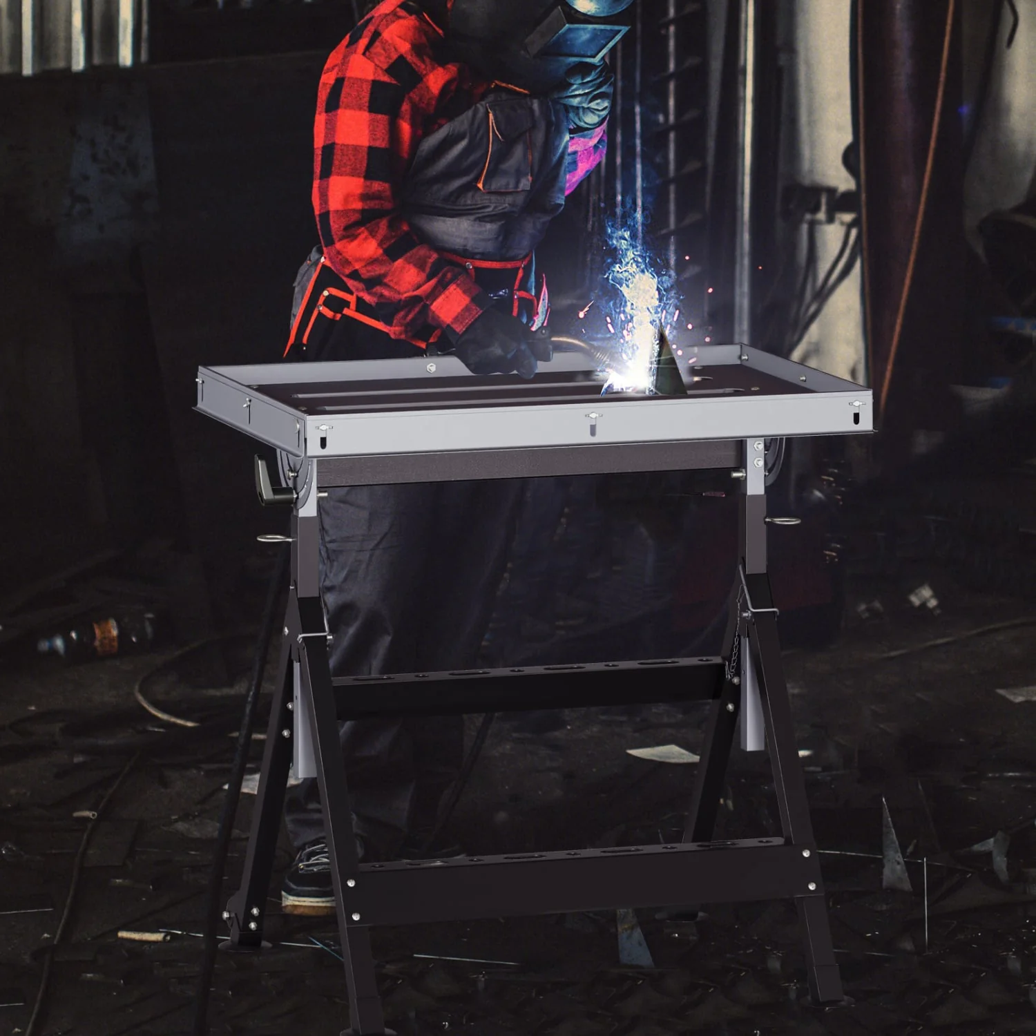 Folding Welding Table With 2 Fixed Wheels, 4-Level Height, Black - Image 2