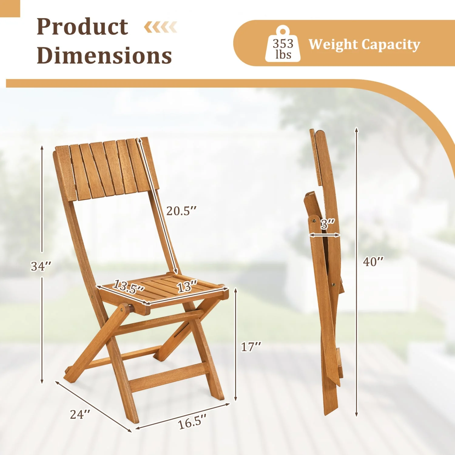 Folding Wood Dining Chairs, 2 Pack, Slatted Backrest - Image 5