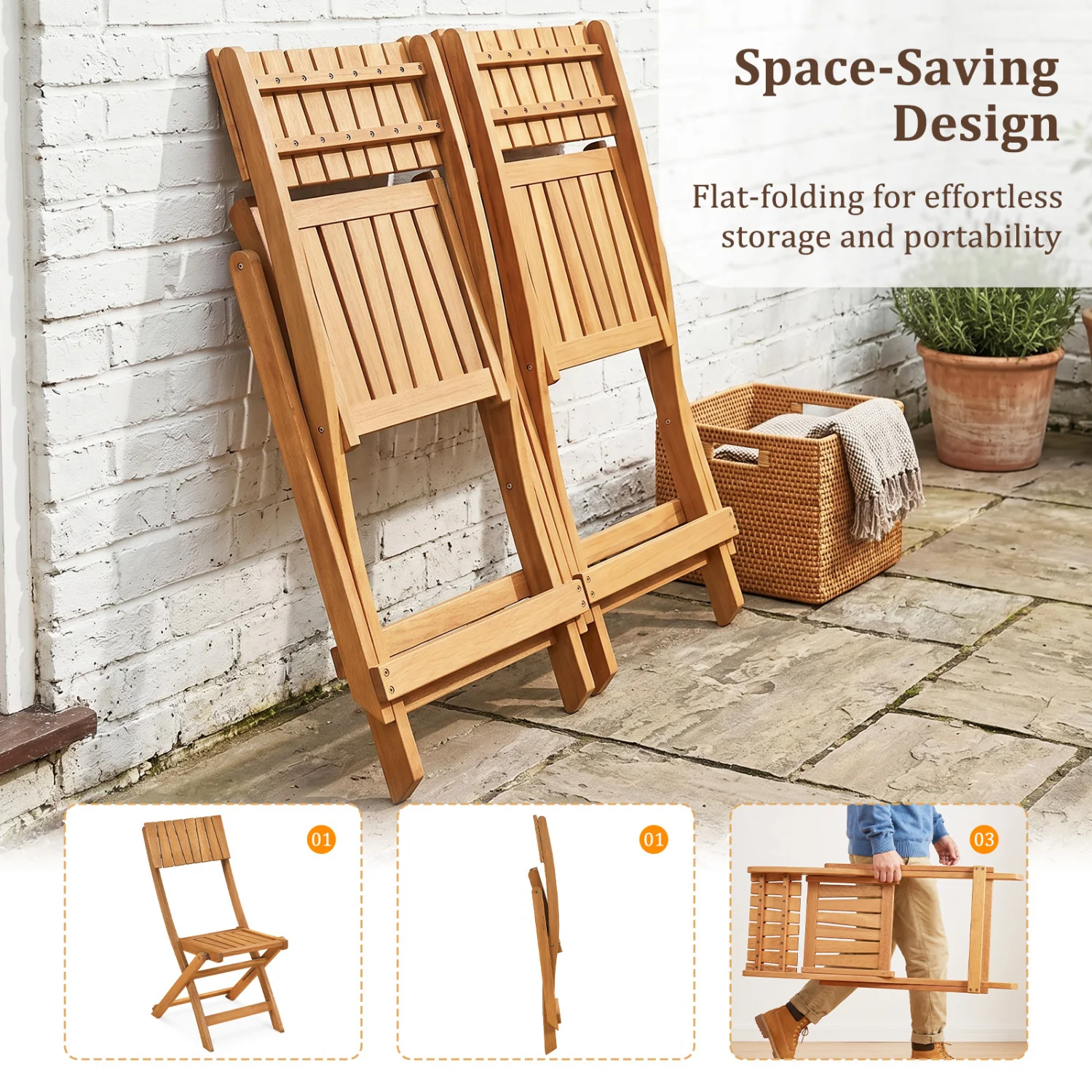 Folding Wood Dining Chairs, 2 Pack, Slatted Backrest - Image 6