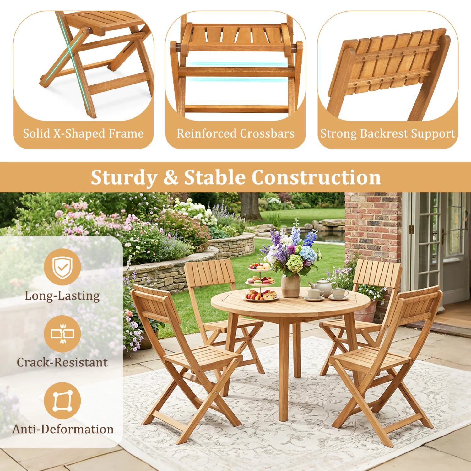 Folding Wood Dining Chairs, 2 Pack, Slatted Backrest - Image 7