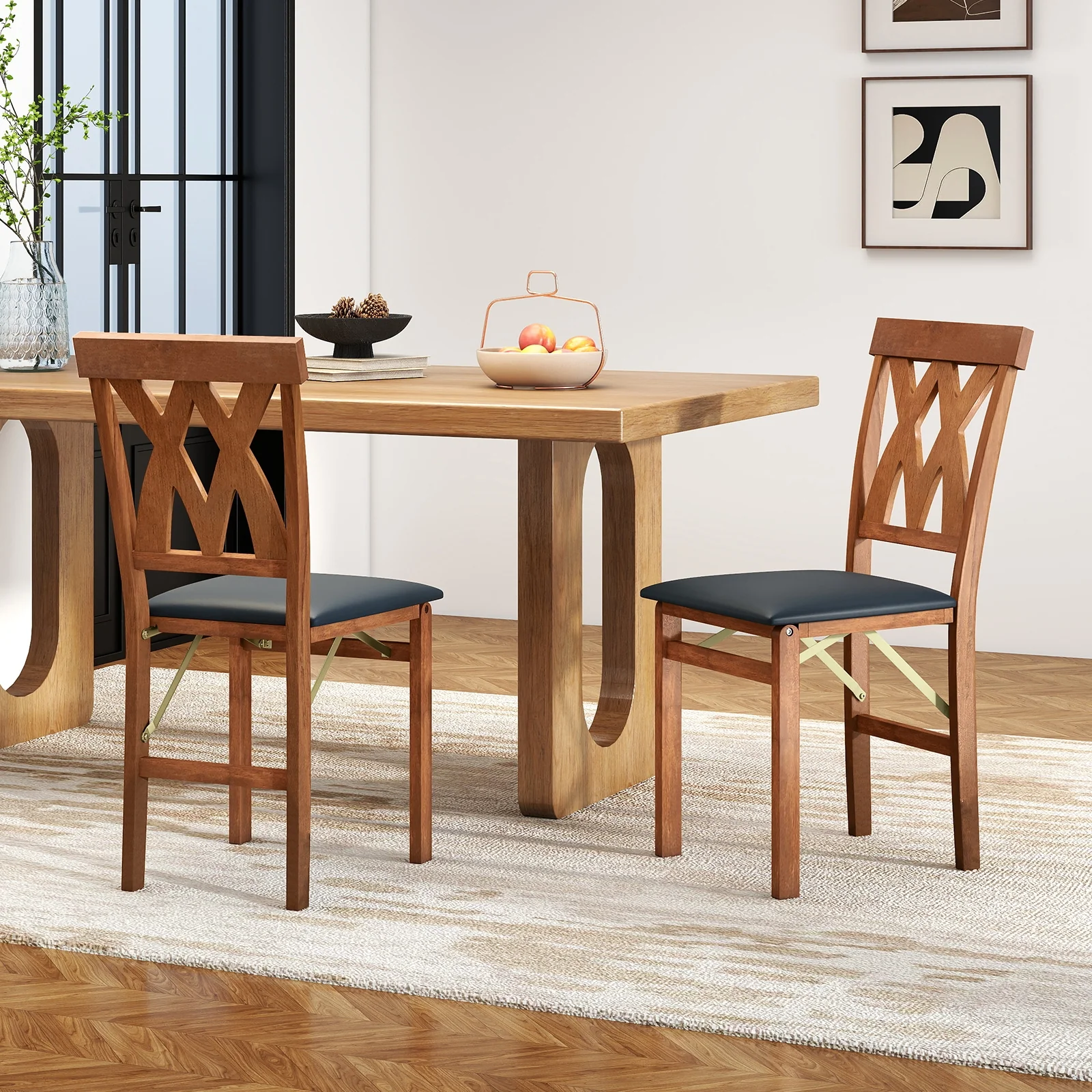 Folding Wooden Dining Chair Set, 2 Faux Leather Upholstered Kitchen Armless Chairs, Walnut - Image 2