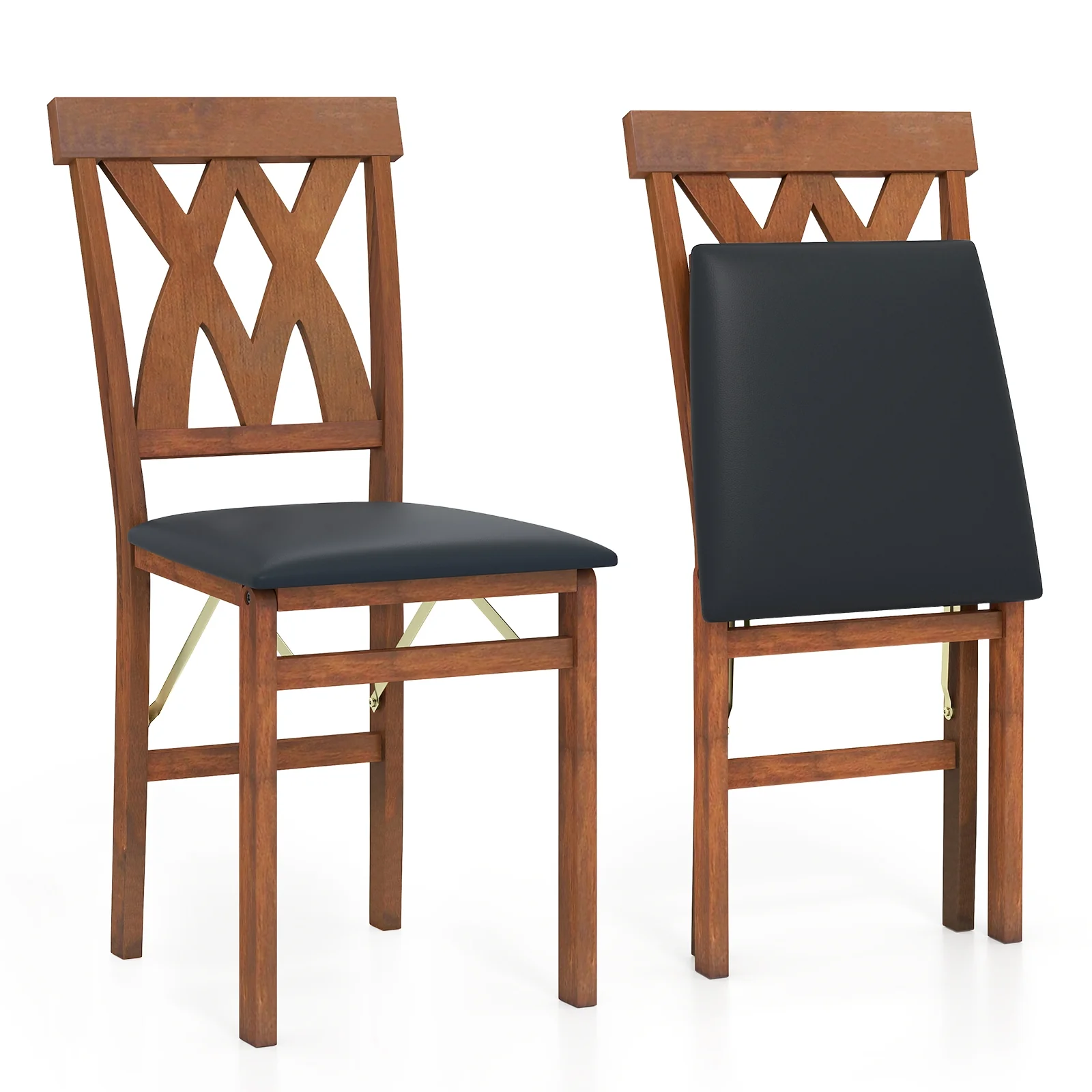 Folding Wooden Dining Chair Set, 2 Faux Leather Upholstered Kitchen Armless Chairs, Walnut - Image 5