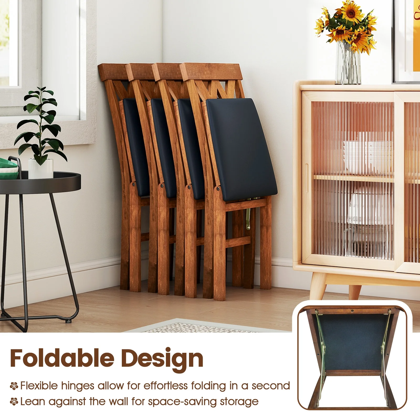 Folding Wooden Dining Chair Set, 2 Faux Leather Upholstered Kitchen Armless Chairs, Walnut - Image 7