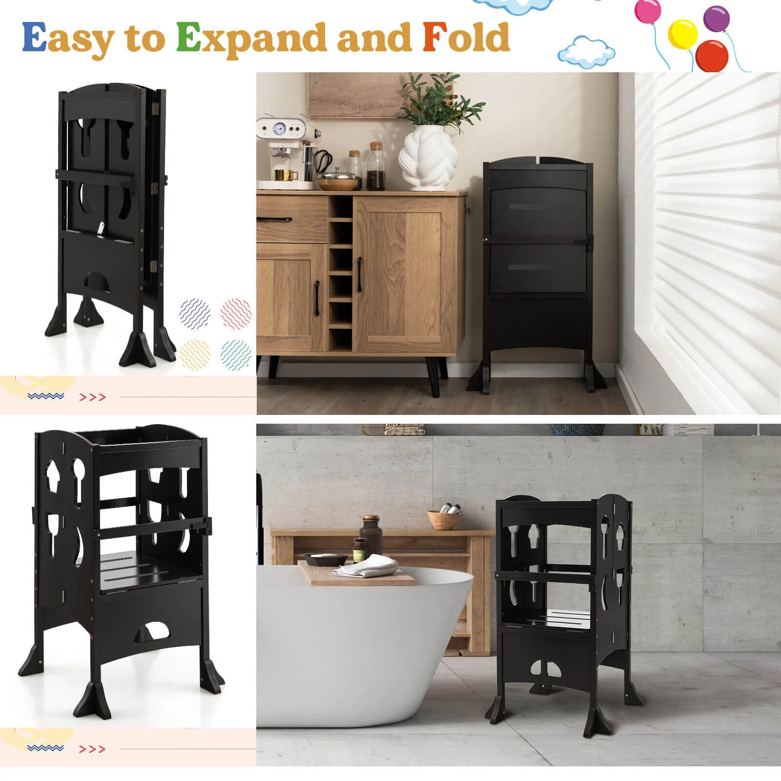 Folding Wooden Step Stool, Lockable Safety Rail, Coffee - Image 9