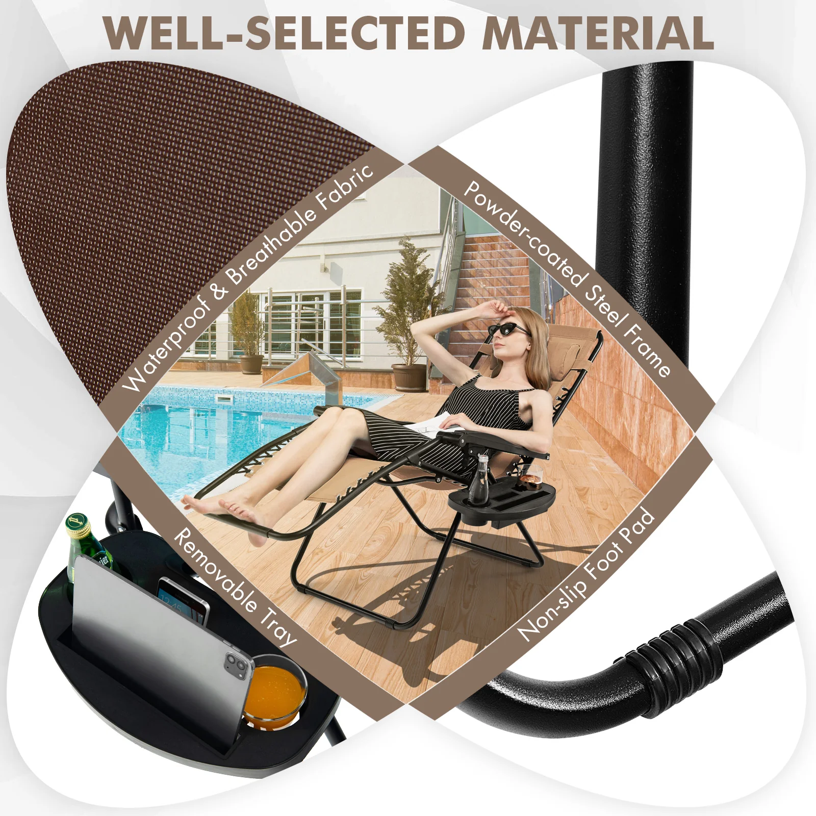Folding Zero Gravity Reclining Lounge Chair, Brown - Image 8