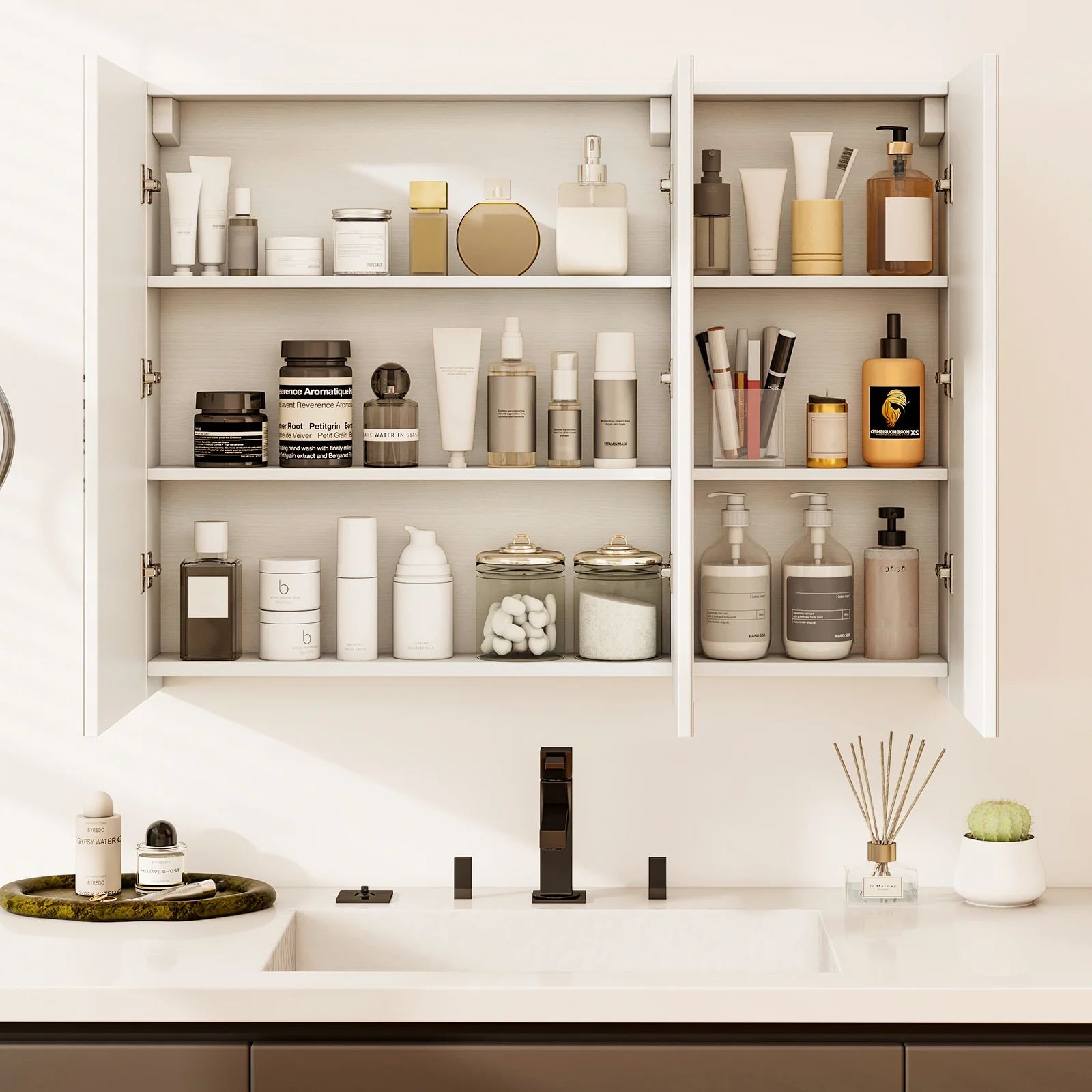 Frameless Wall Mounted Mirror Cabinet, 3 Doors, Adjustable Shelves, White - Image 3