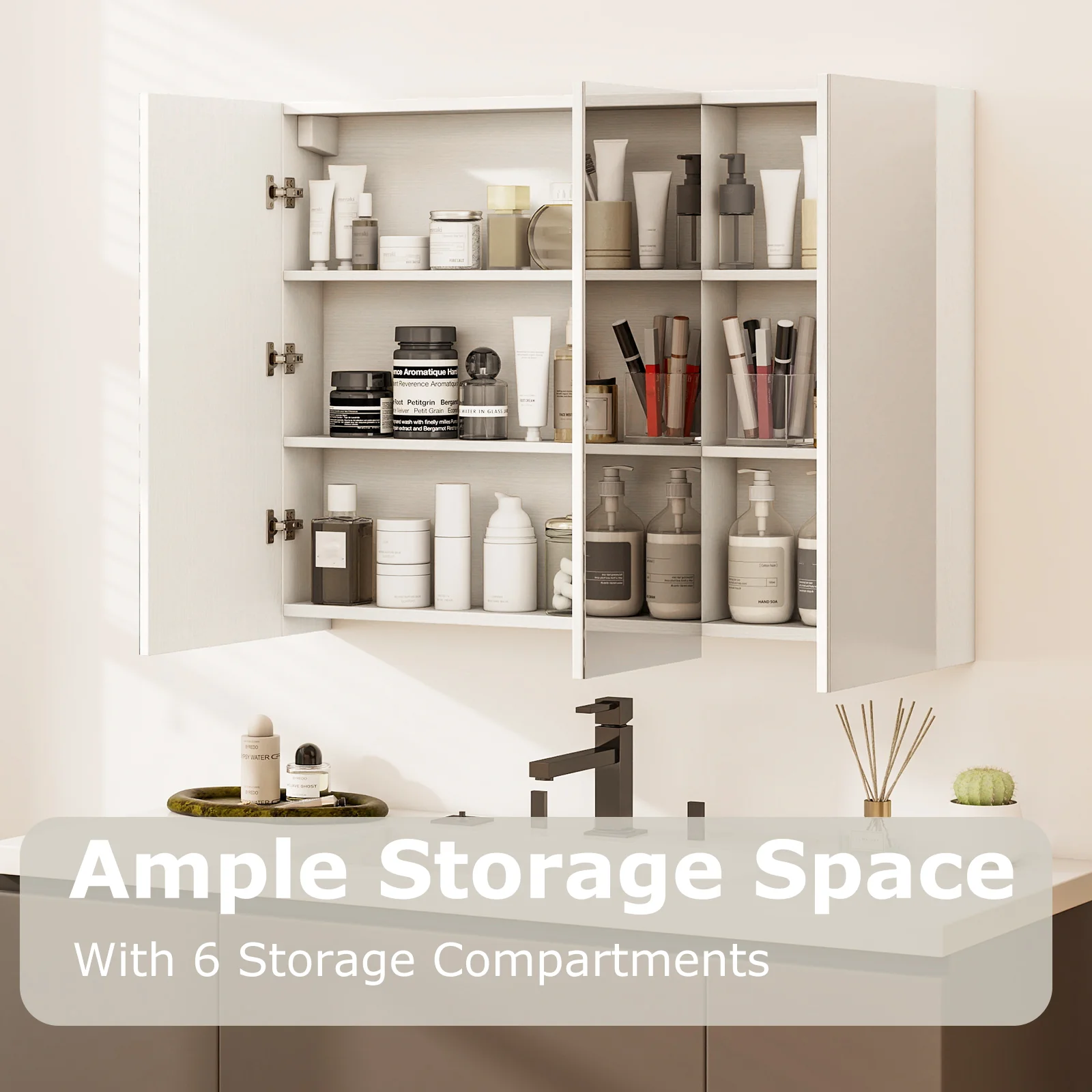 Frameless Wall Mounted Mirror Cabinet, 3 Doors, Adjustable Shelves, White - Image 9
