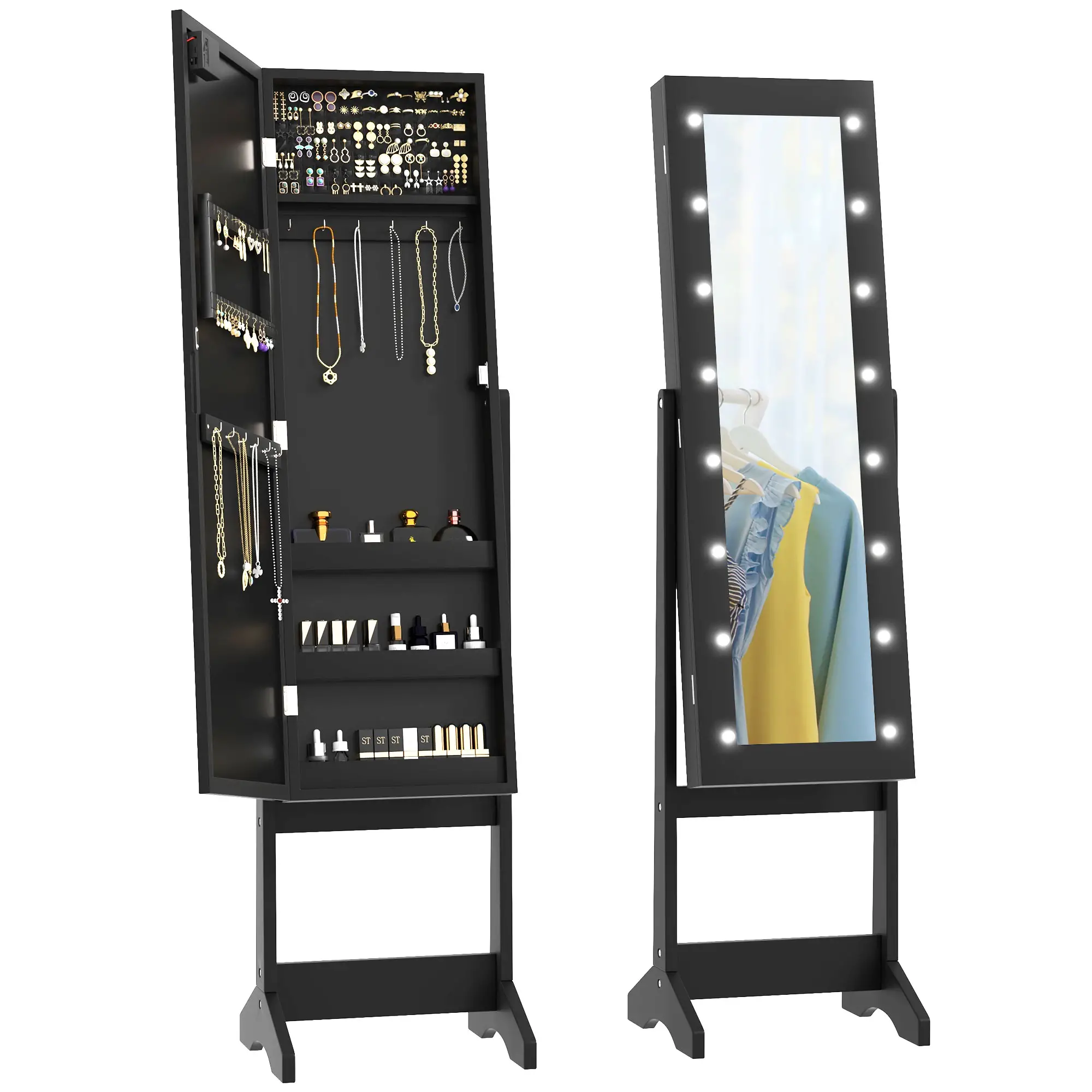 Free Standing Armoire Organizer, Lighted Mirrored Jewelry Cabinet, 16 LED Lights, Black