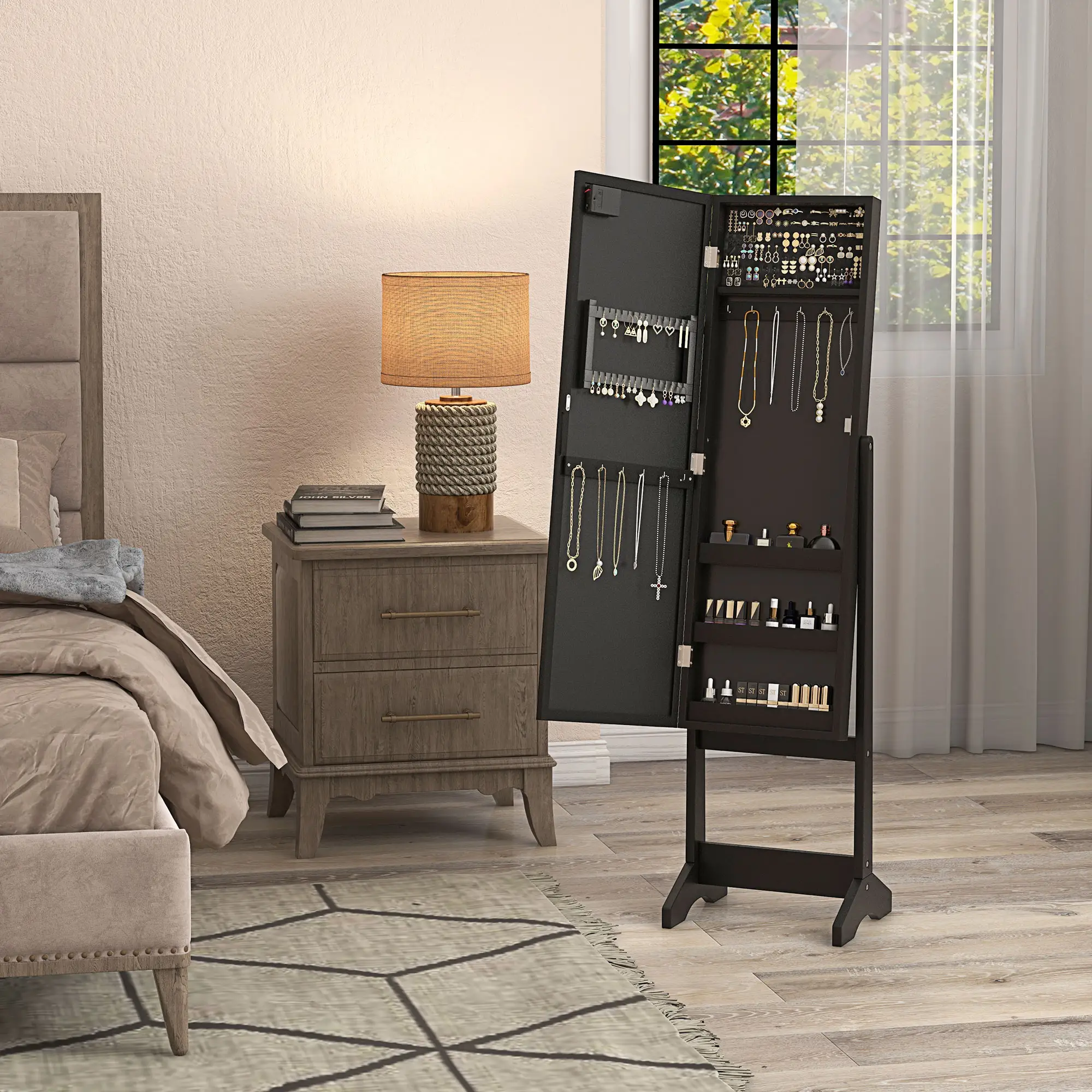 Free Standing Armoire Organizer, Lighted Mirrored Jewelry Cabinet, 16 LED Lights, Black - Image 10