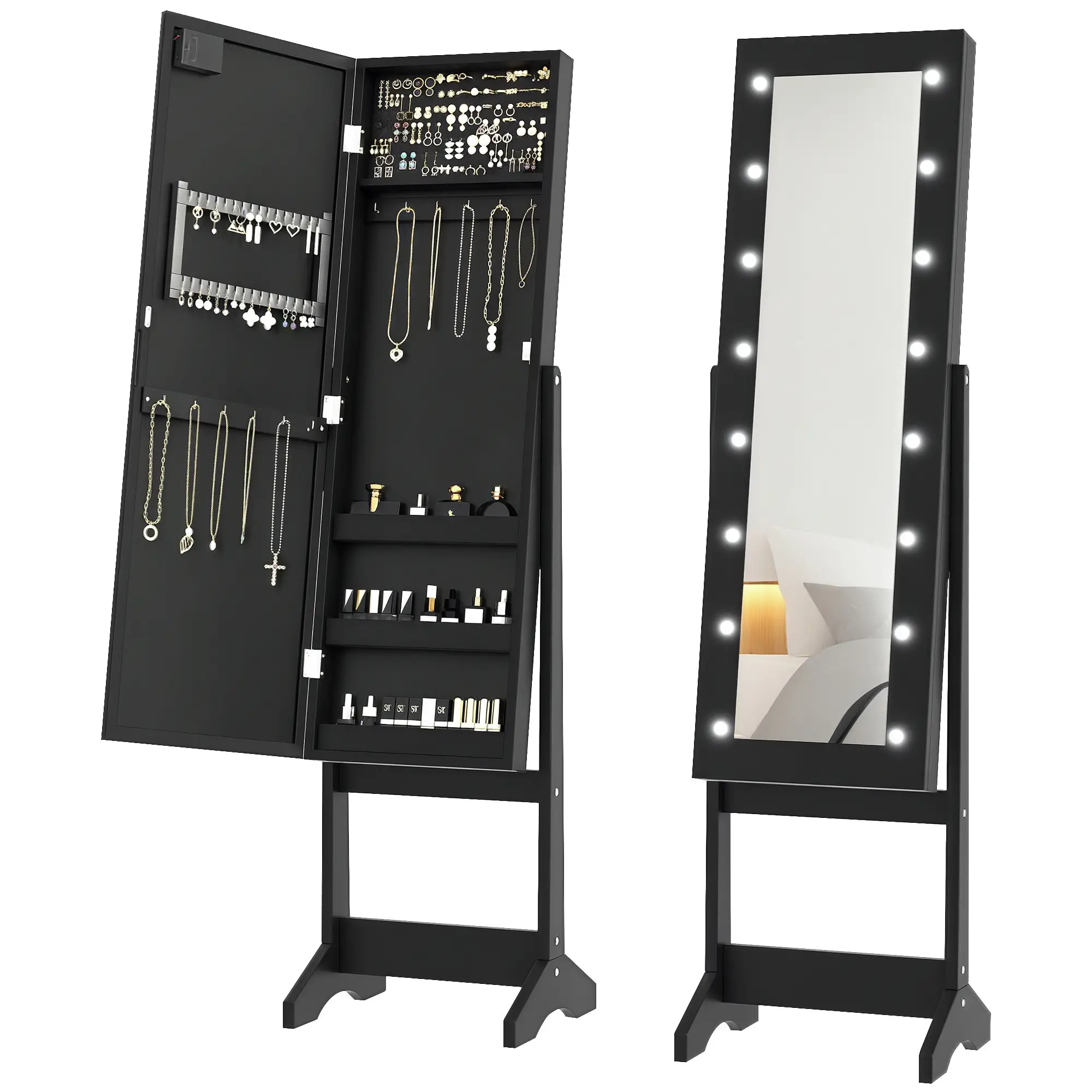 Free Standing Armoire Organizer, Lighted Mirrored Jewelry Cabinet, 16 LED Lights, Black - Image 11