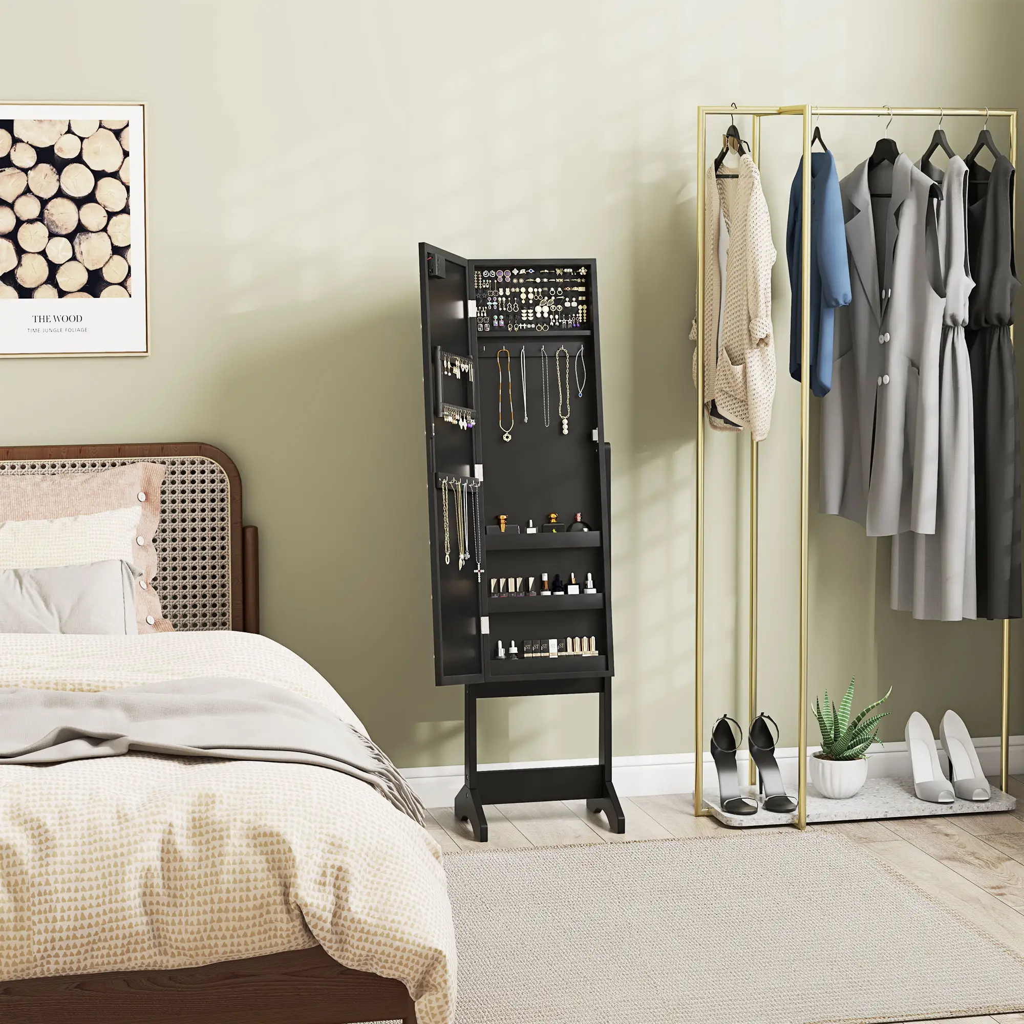 Free Standing Armoire Organizer, Lighted Mirrored Jewelry Cabinet, 16 LED Lights, Black - Image 2