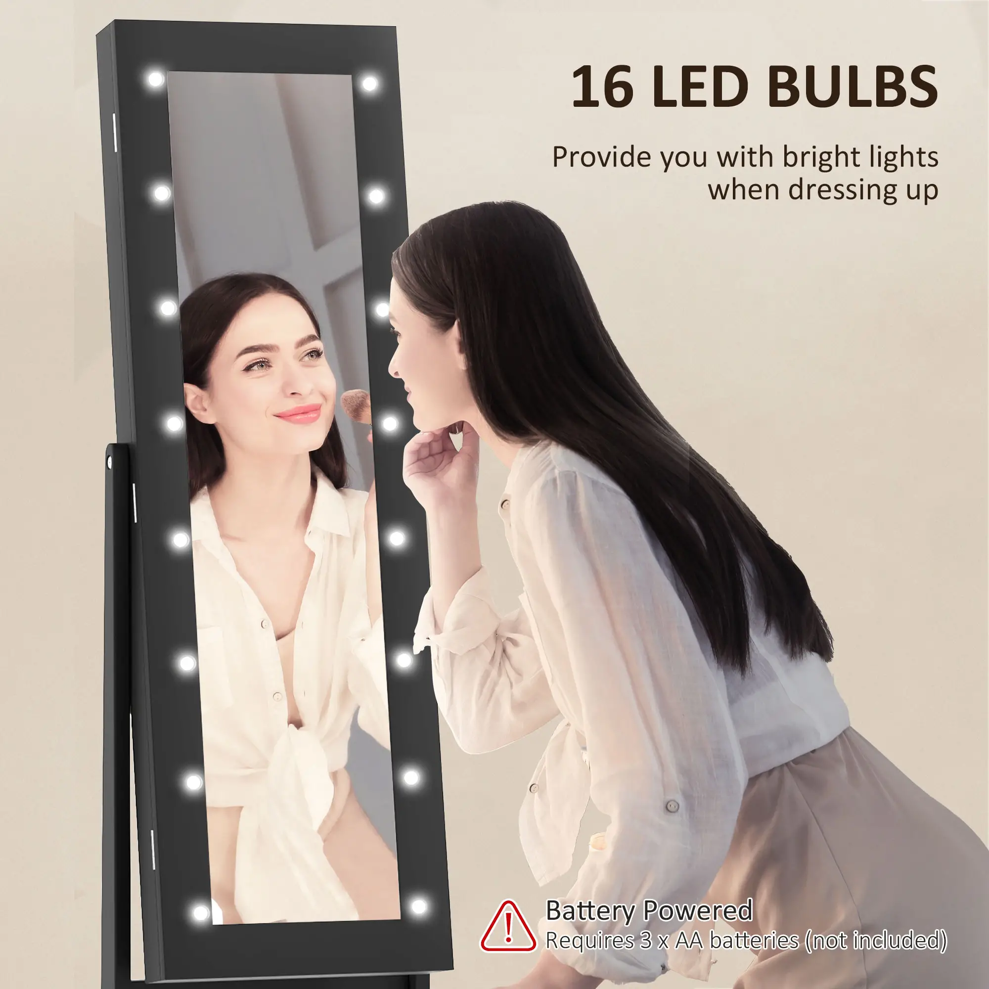 Free Standing Armoire Organizer, Lighted Mirrored Jewelry Cabinet, 16 LED Lights, Black - Image 5