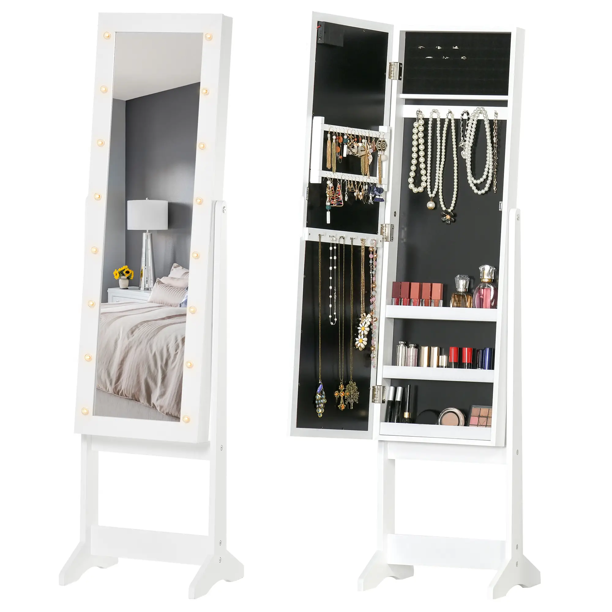 Free Standing Armoire Organizer, Lighted Mirrored Jewelry Cabinet, Angle Adjustable, 16 LED Lights