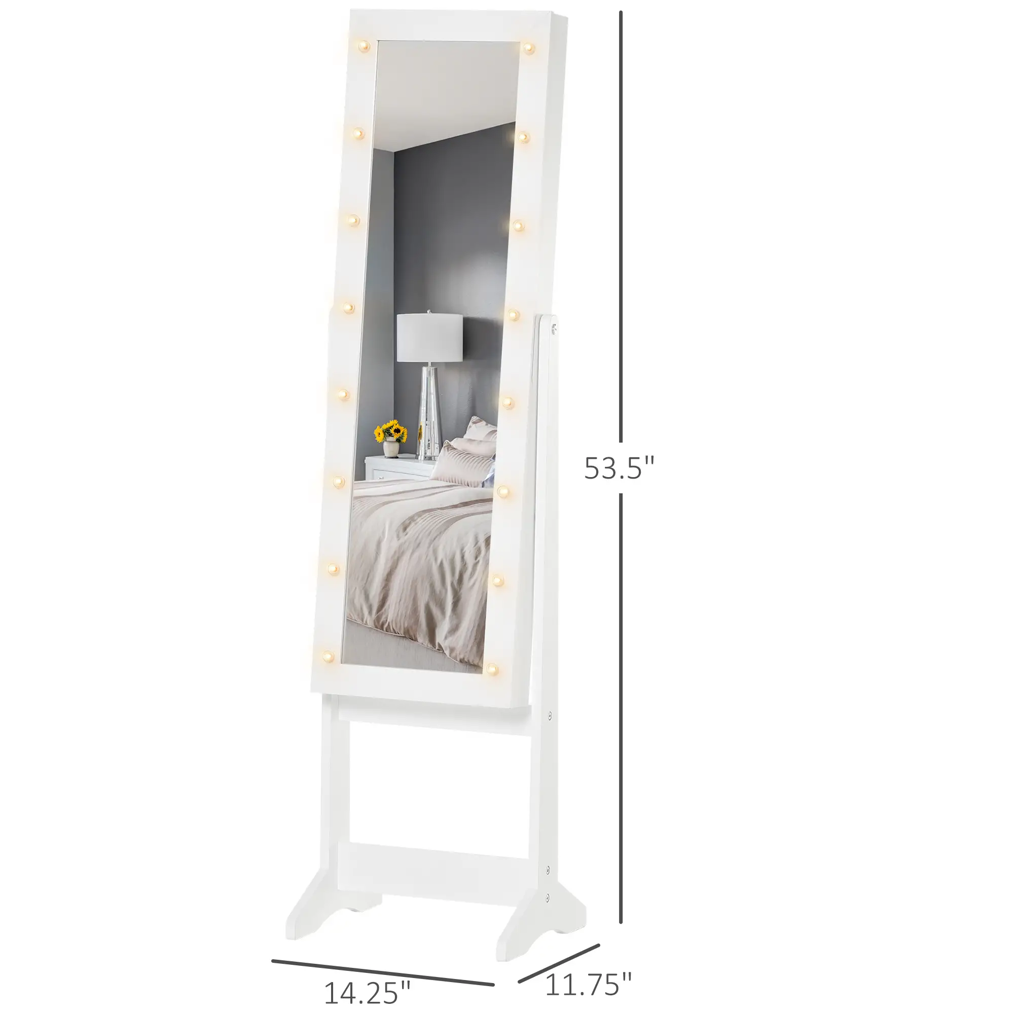 Free Standing Armoire Organizer, Lighted Mirrored Jewelry Cabinet, Angle Adjustable, 16 LED Lights - Image 3
