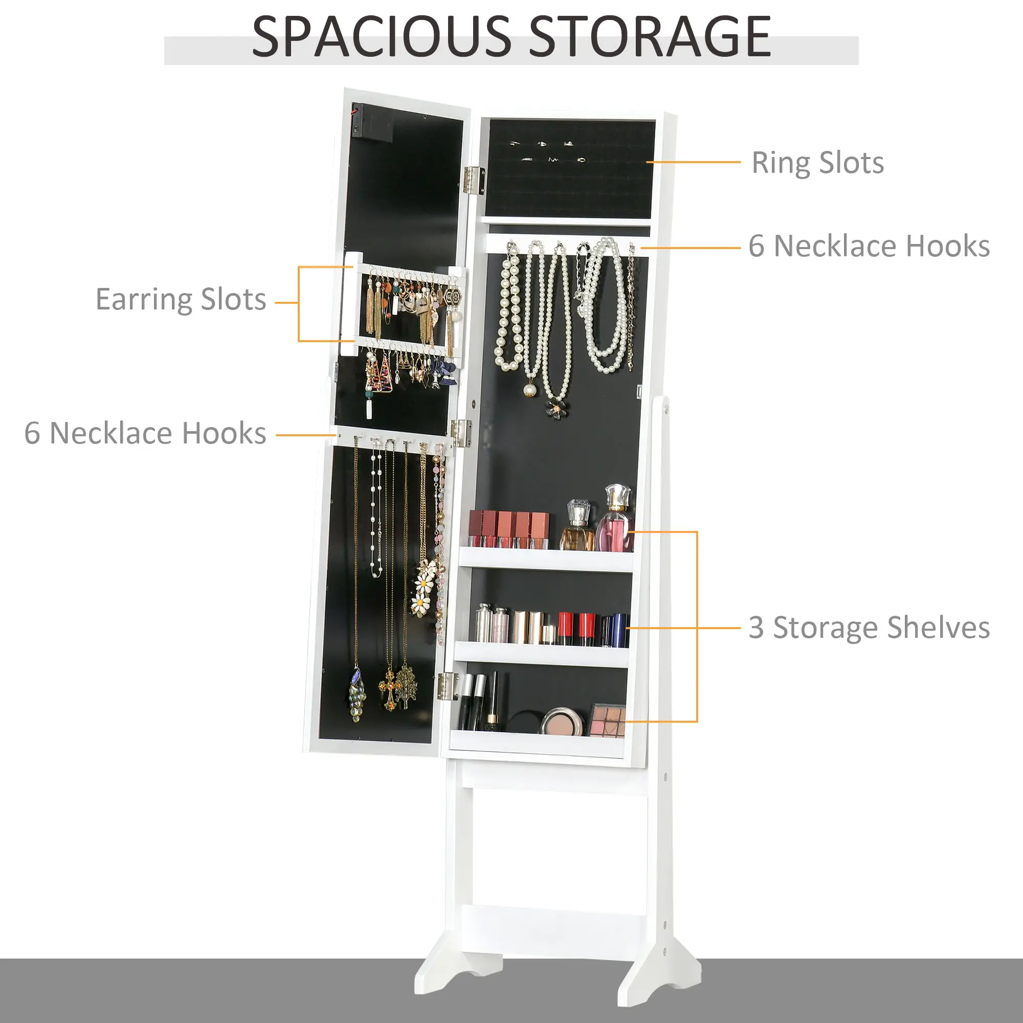Free Standing Armoire Organizer, Lighted Mirrored Jewelry Cabinet, Angle Adjustable, 16 LED Lights - Image 4