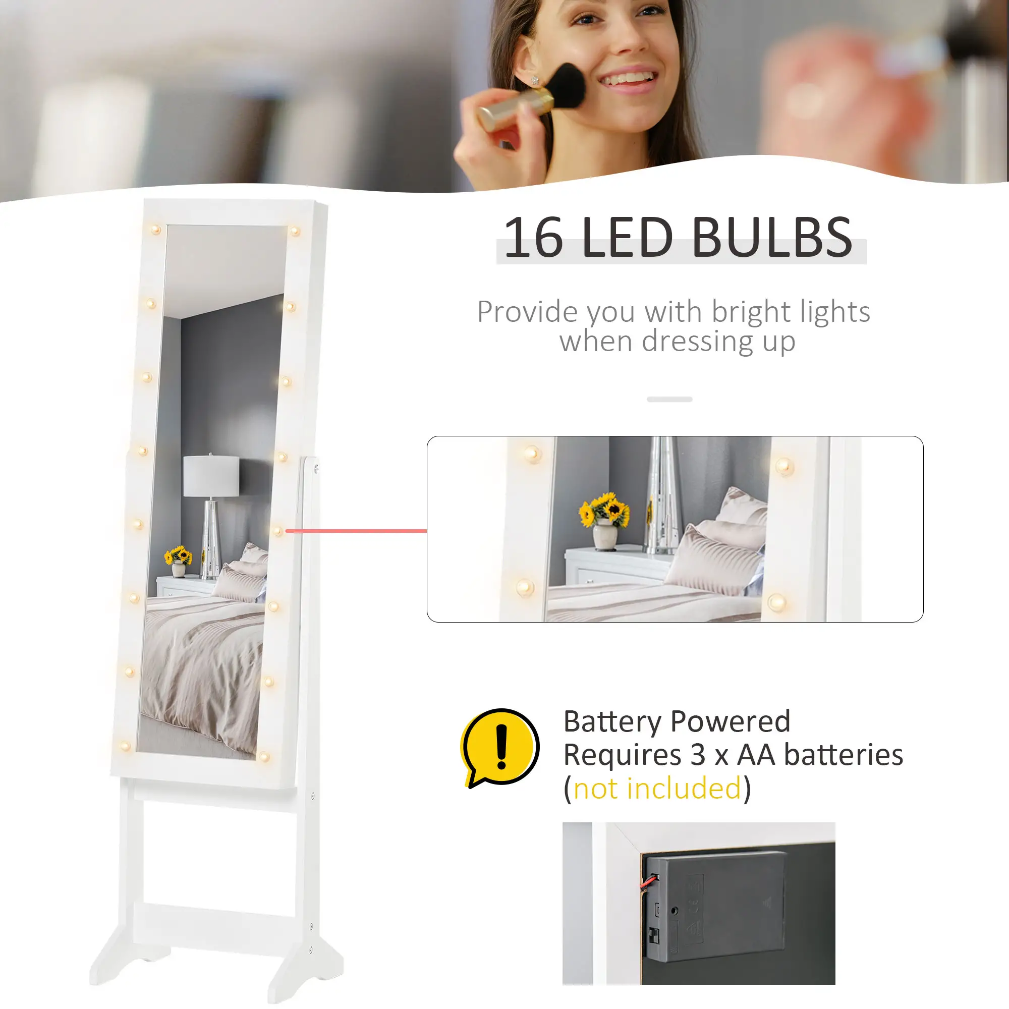 Free Standing Armoire Organizer, Lighted Mirrored Jewelry Cabinet, Angle Adjustable, 16 LED Lights - Image 5