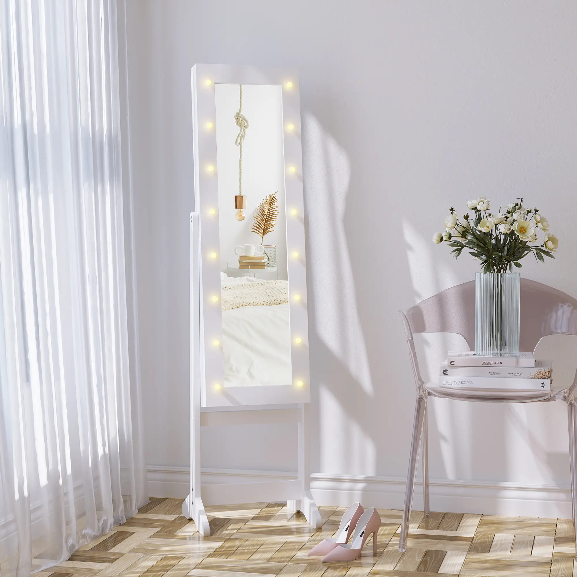 Free Standing Armoire Organizer, Lighted Mirrored Jewelry Cabinet, Angle Adjustable, 16 LED Lights - Image 7