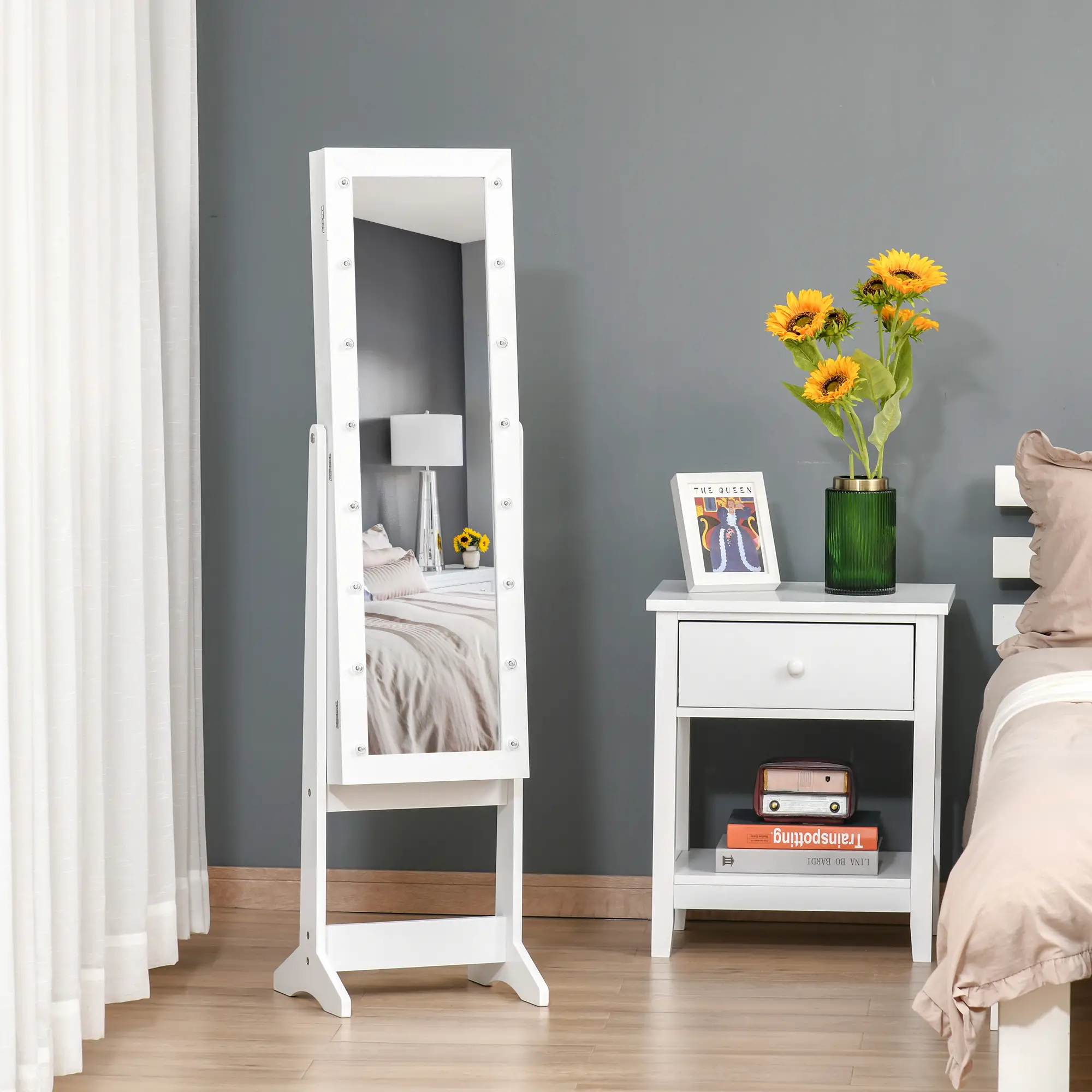 Free Standing Armoire Organizer, Lighted Mirrored Jewelry Cabinet, Angle Adjustable, 16 LED Lights - Image 8