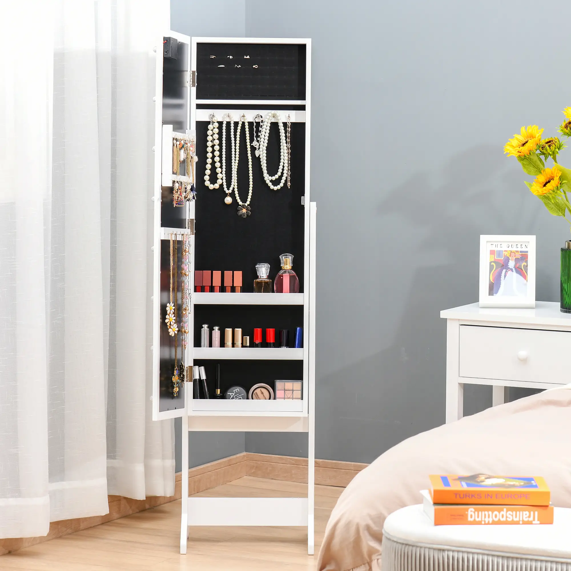Free Standing Armoire Organizer, Lighted Mirrored Jewelry Cabinet, Angle Adjustable, 16 LED Lights - Image 9