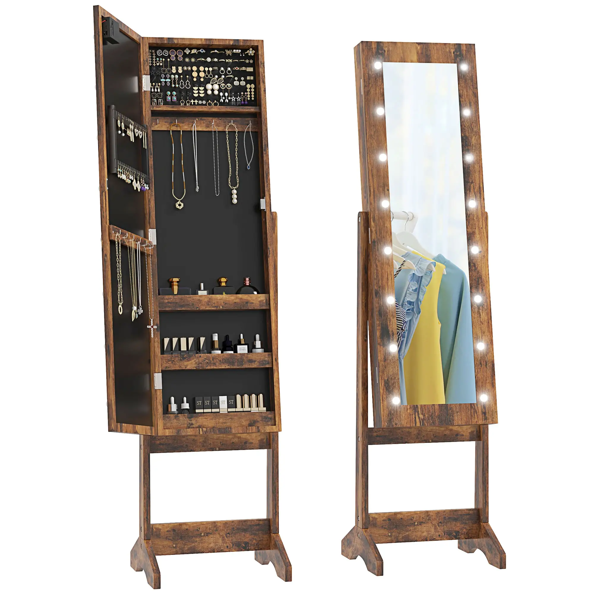 Free Standing Armoire Organizer, Lighted Mirrored Jewelry Cabinet, Angle Adjustable, 16 LED Lights, Rustic Brown, Brown