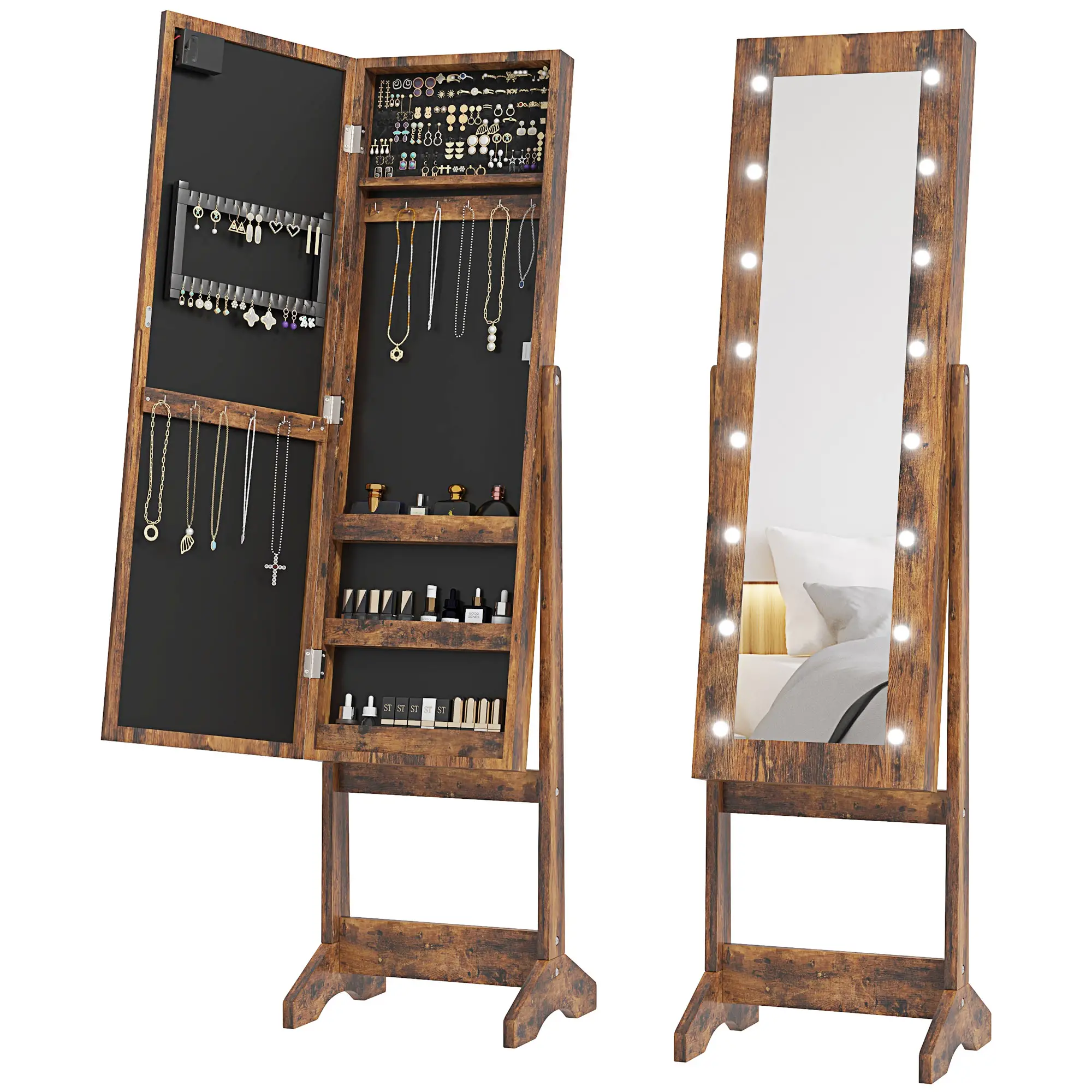 Free Standing Armoire Organizer, Lighted Mirrored Jewelry Cabinet, Angle Adjustable, 16 LED Lights, Rustic Brown, Brown - Image 11