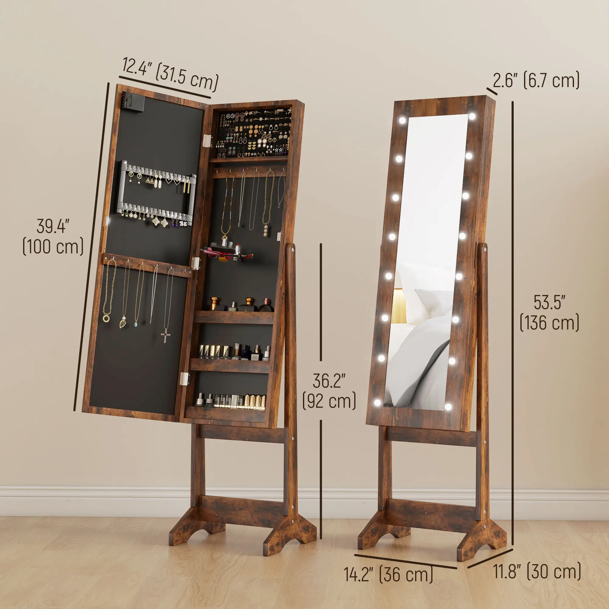 Free Standing Armoire Organizer, Lighted Mirrored Jewelry Cabinet, Angle Adjustable, 16 LED Lights, Rustic Brown, Brown - Image 3