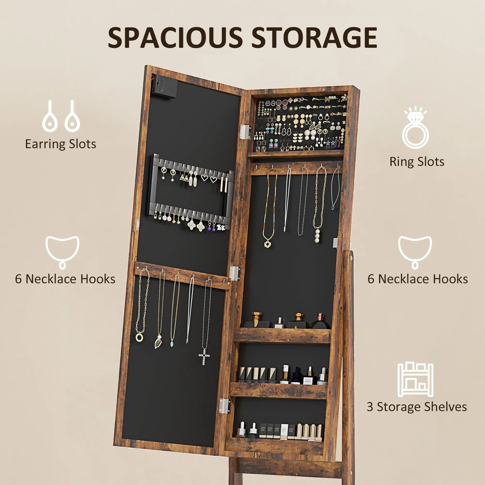 Free Standing Armoire Organizer, Lighted Mirrored Jewelry Cabinet, Angle Adjustable, 16 LED Lights, Rustic Brown, Brown - Image 4