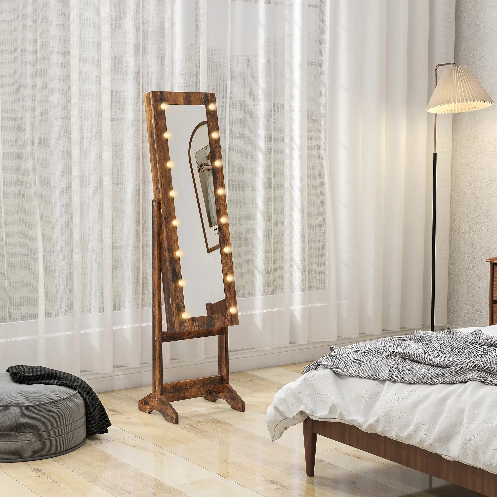Free Standing Armoire Organizer, Lighted Mirrored Jewelry Cabinet, Angle Adjustable, 16 LED Lights, Rustic Brown, Brown - Image 9